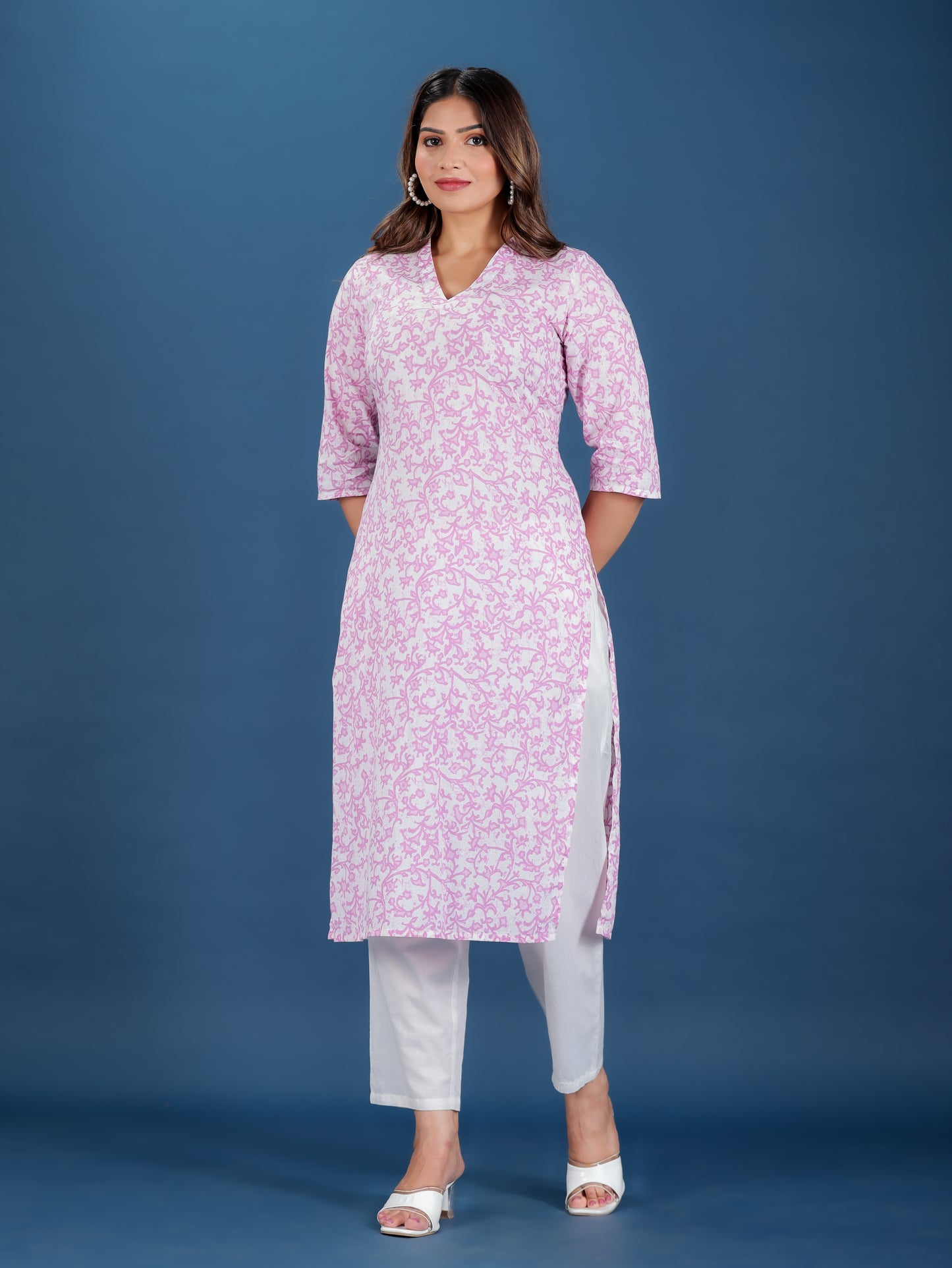 Soft Cotton Floral Straight White Kurta