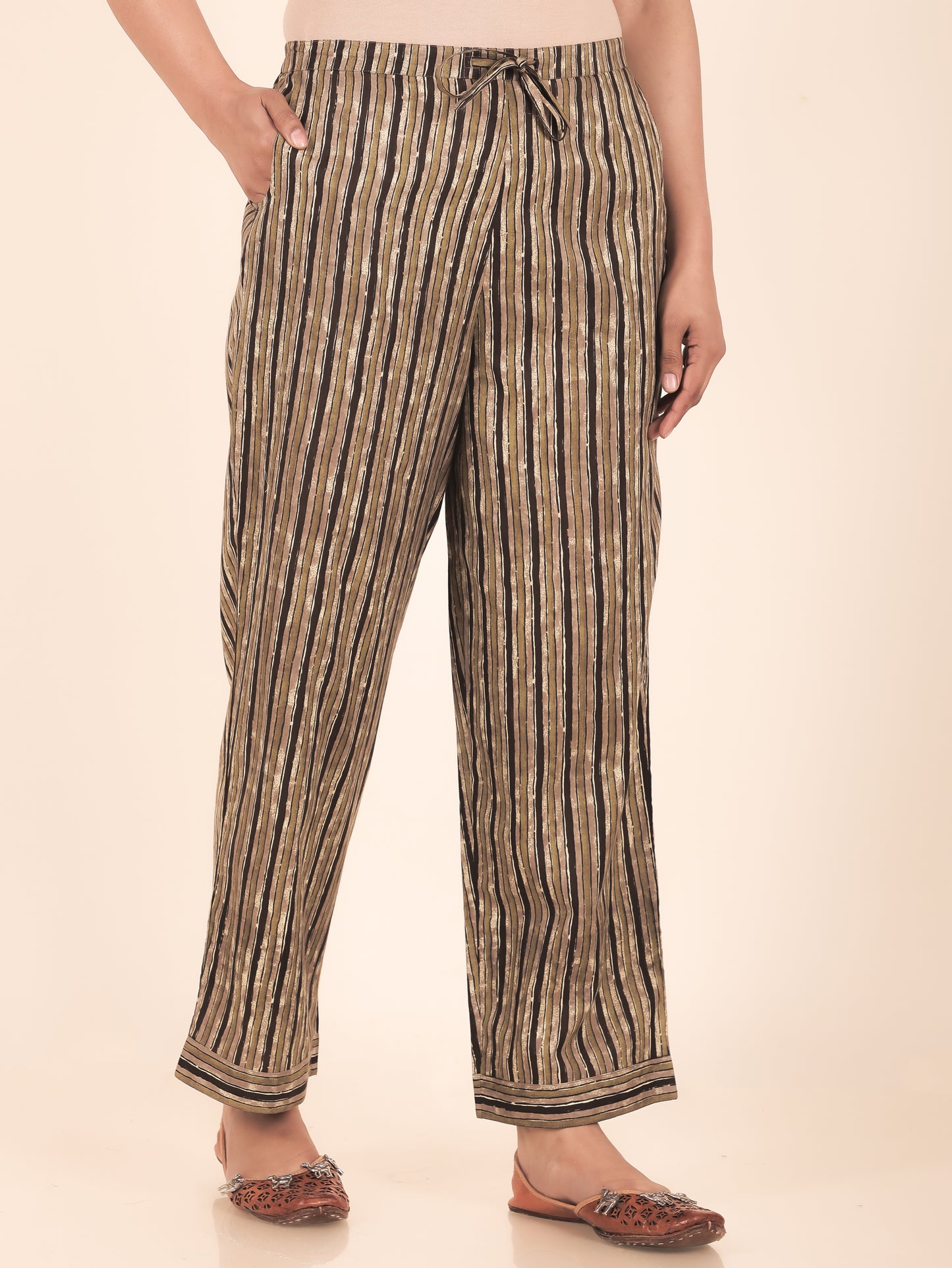 Soft Cotton Striped Brown Straight Trousers
