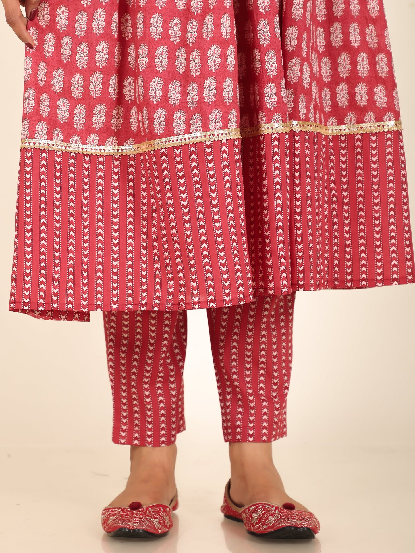 Soft Cotton Block Anarkali Red Kurta