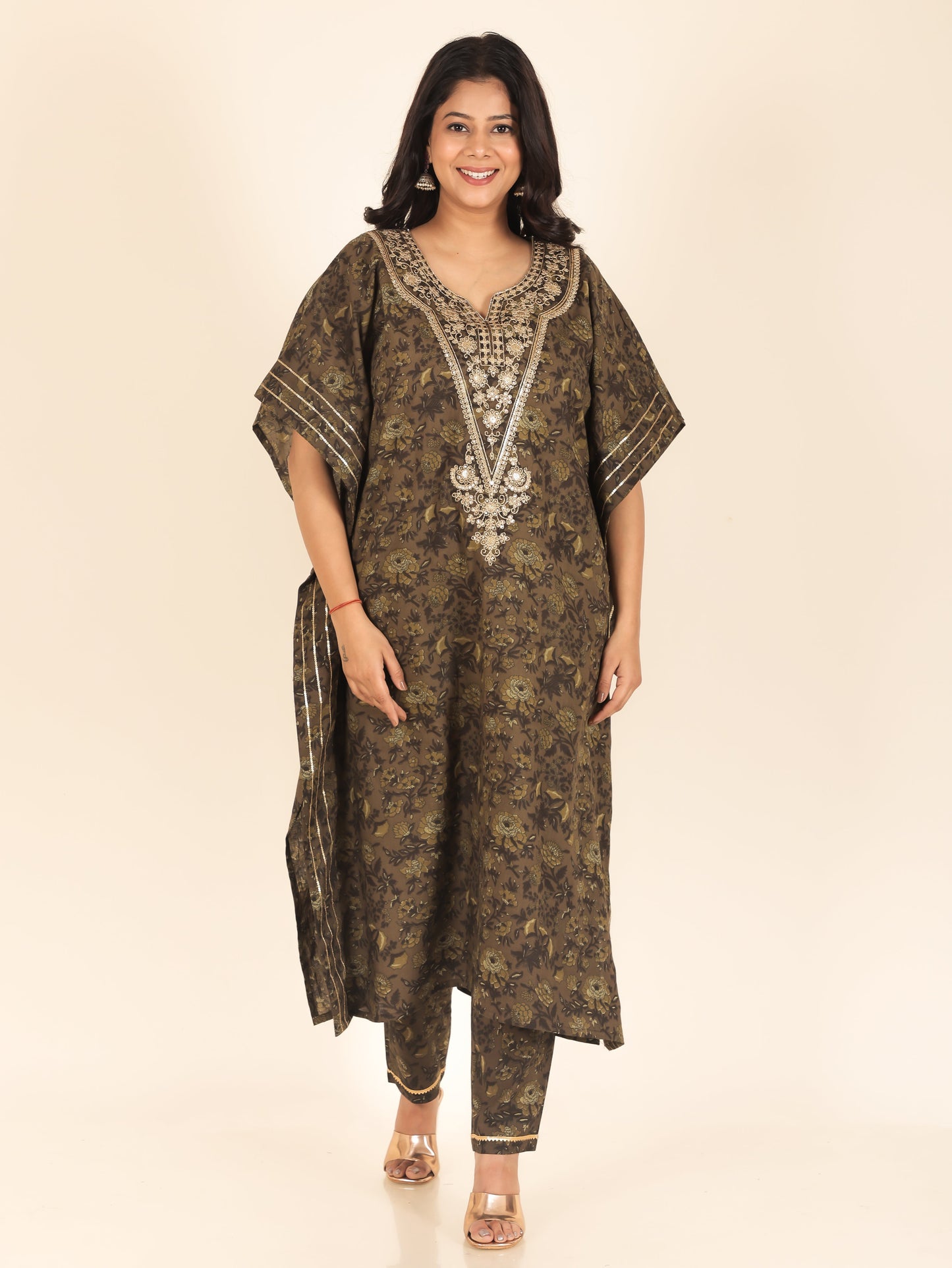 Embroidered Soft Cotton Floral Kaftan Green Kurta