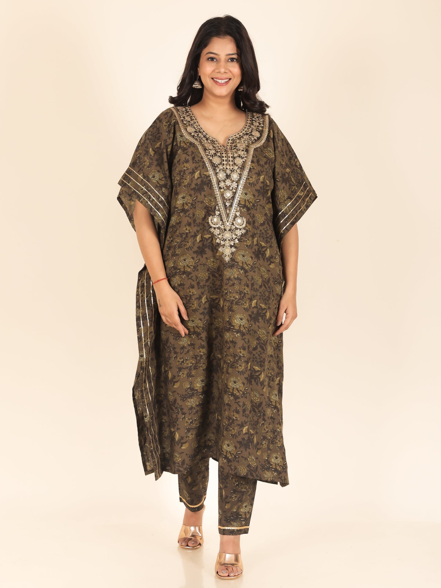 Embroidered Soft Cotton Floral Kaftan Green Kurta