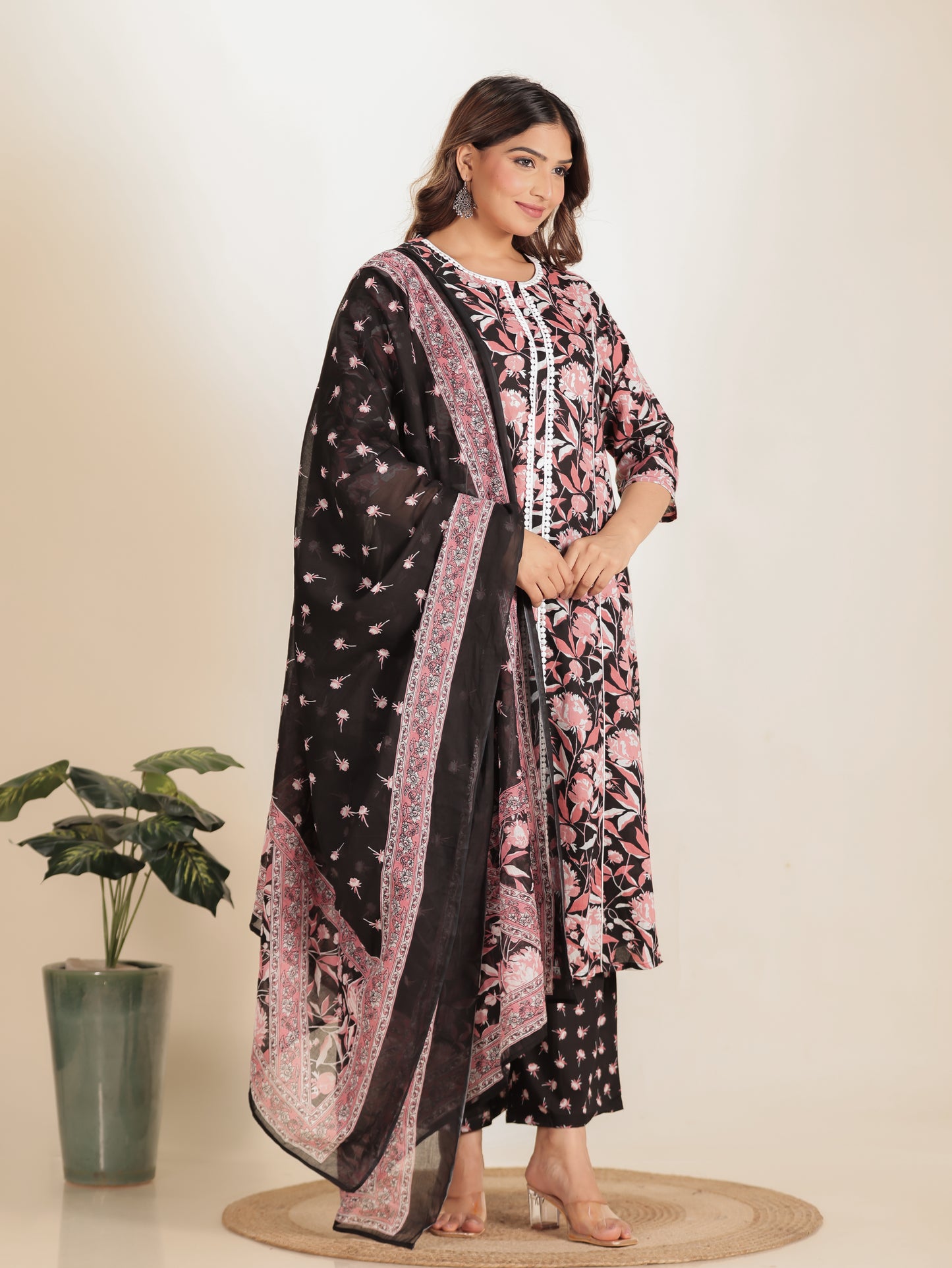 Cotton Voile Floral Black Dupatta
