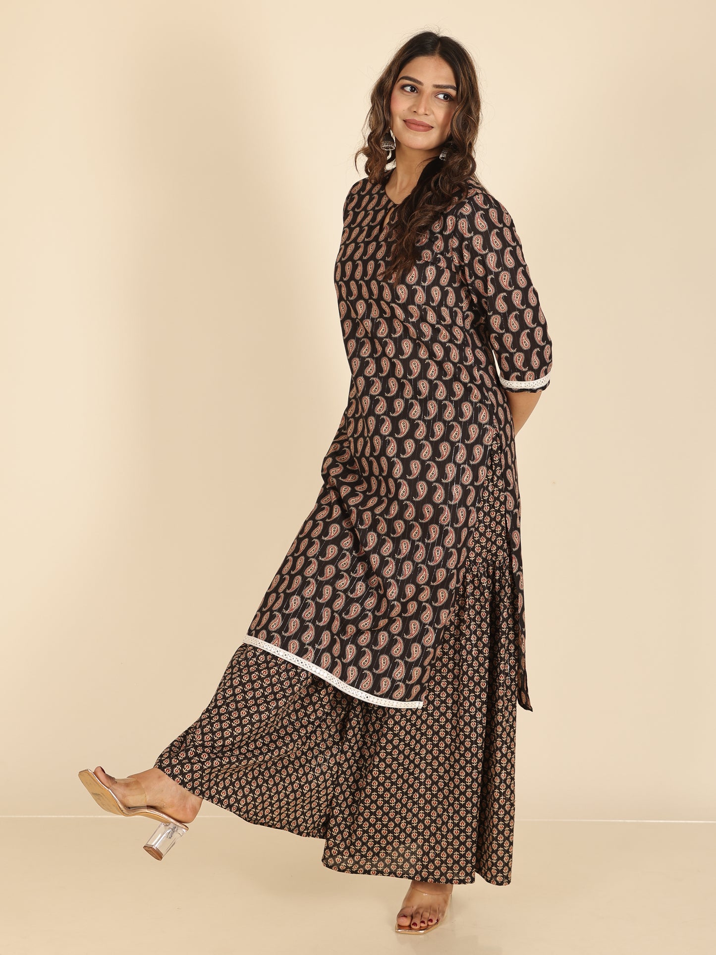 Lurex Cotton Paisley Straight Black Kurta
