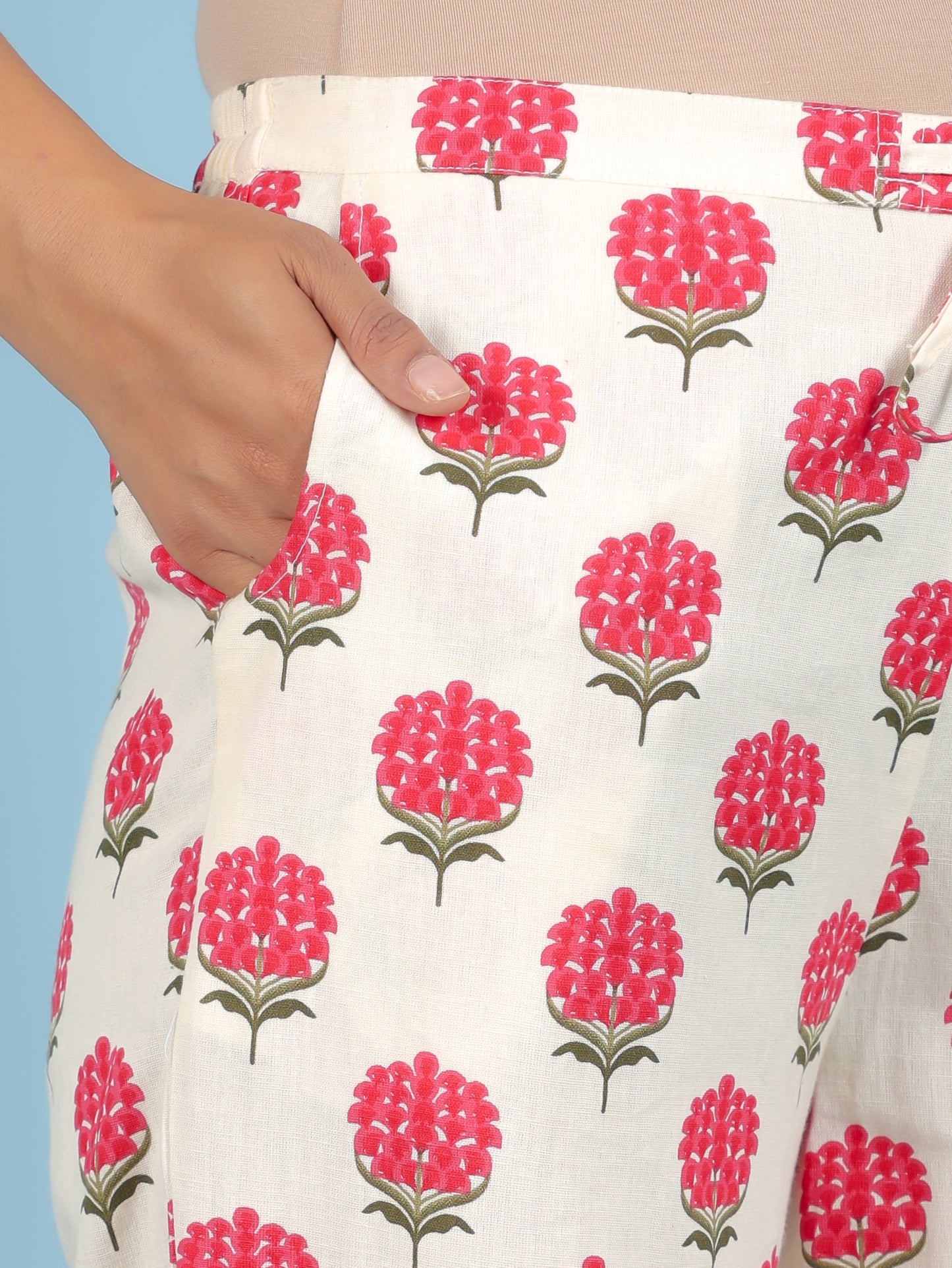Linen Cotton Floral Off-White Straight Trousers