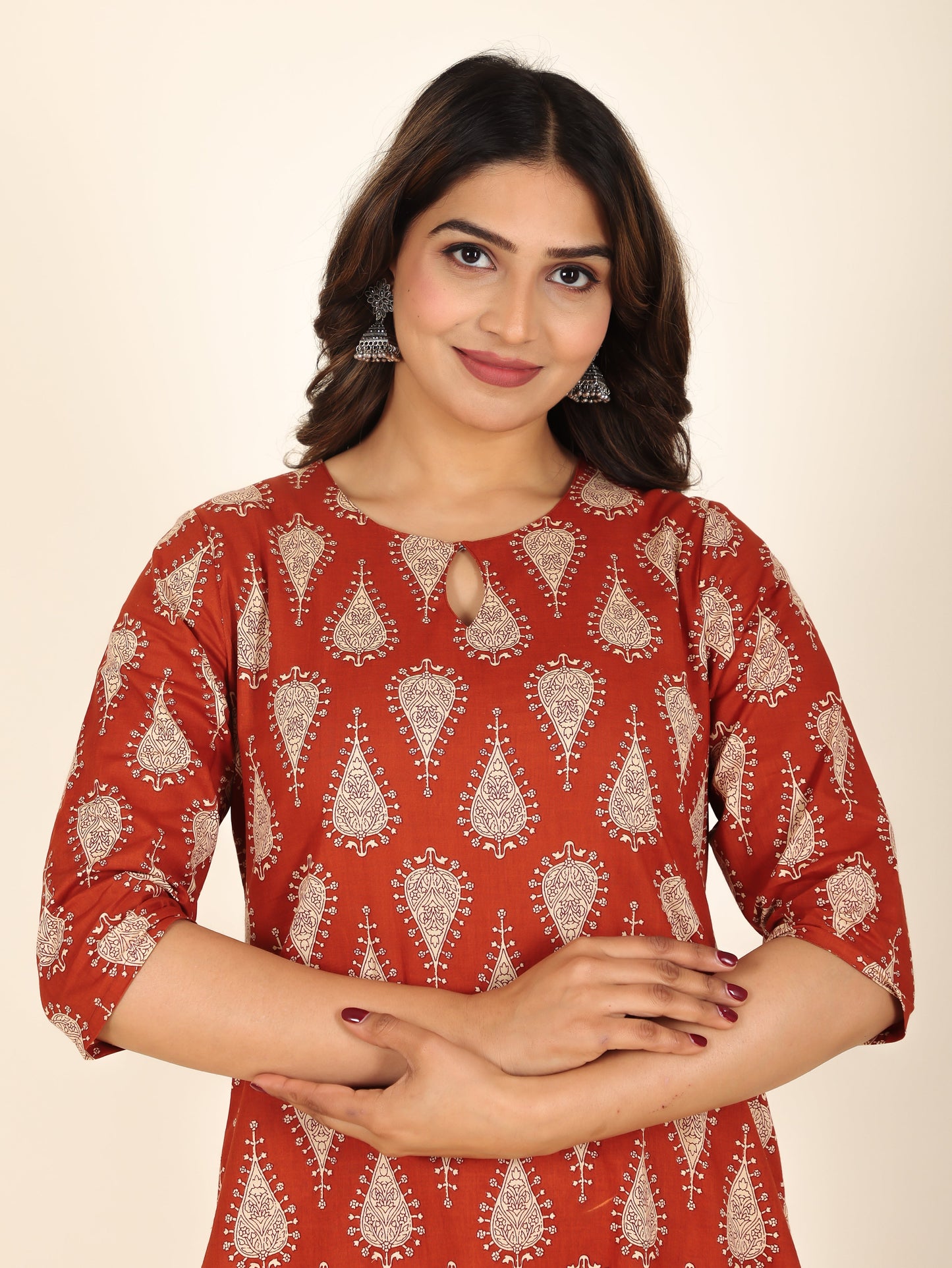 Soft Cotton Floral Straight Rust Orange Kurta