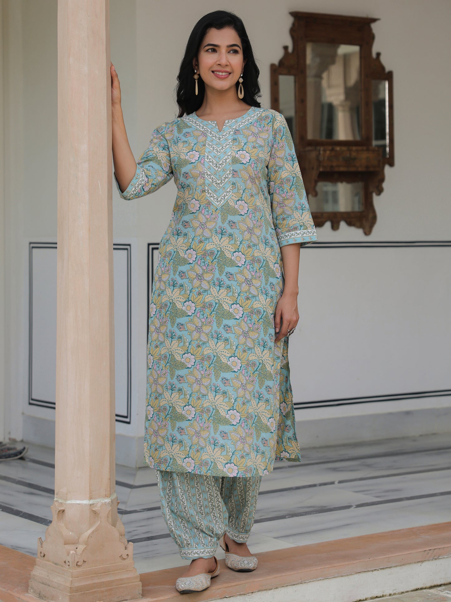 Embroidered Soft Cotton Floral Straight Blue Kurta