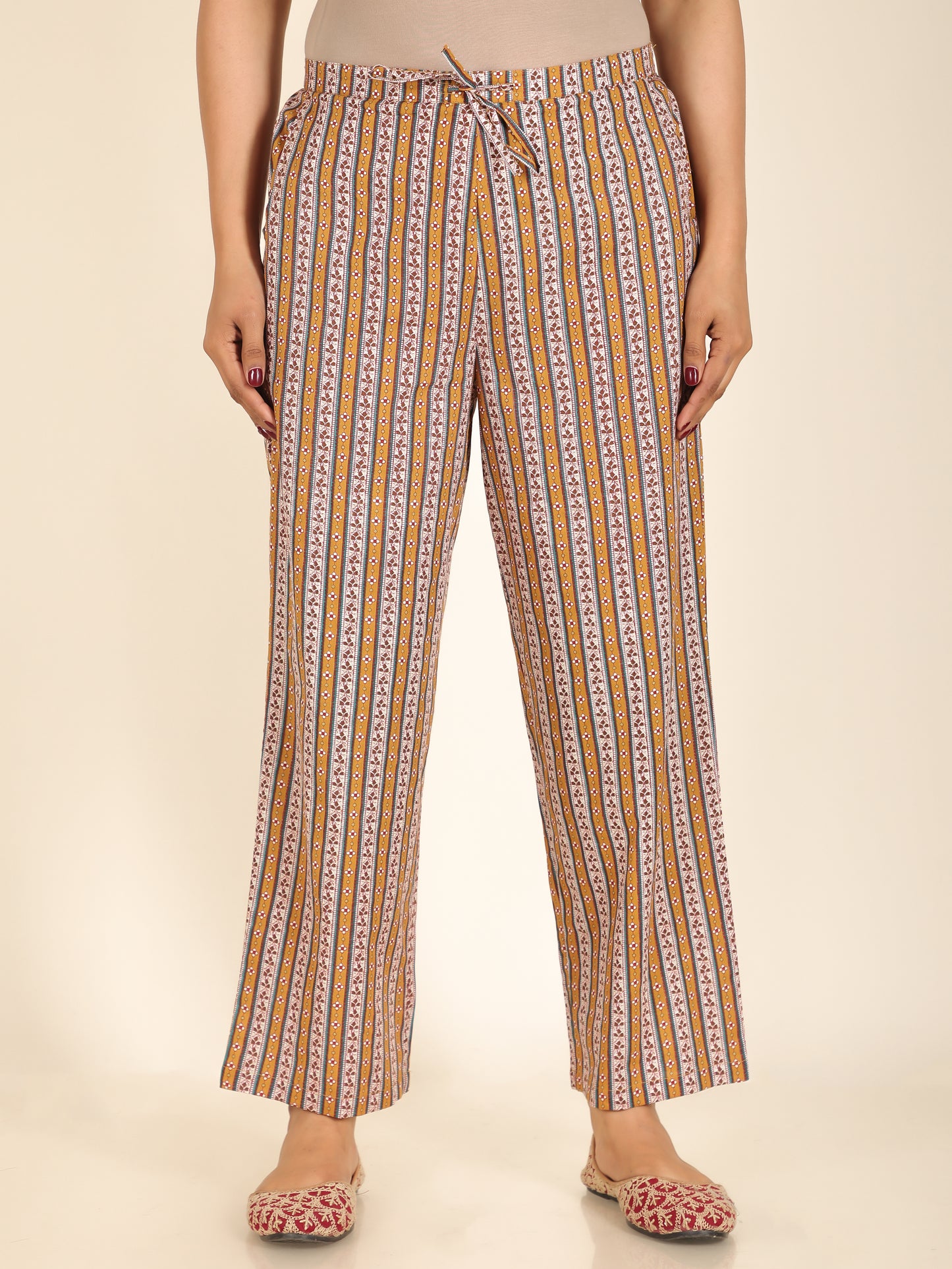 Soft Cotton Striped Yellow Straight Trousers