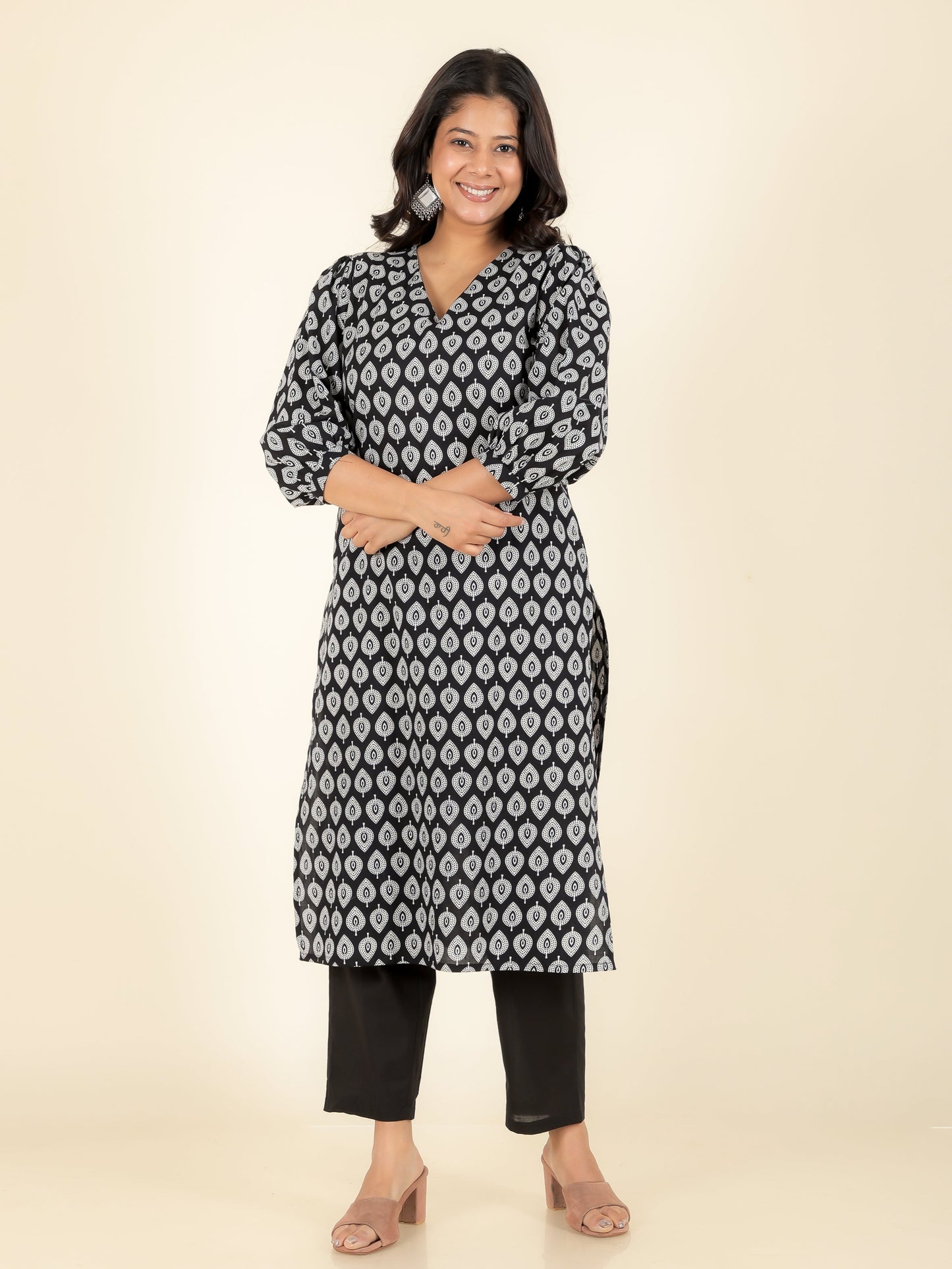 Soft Cotton Butti Straight Black Kurta