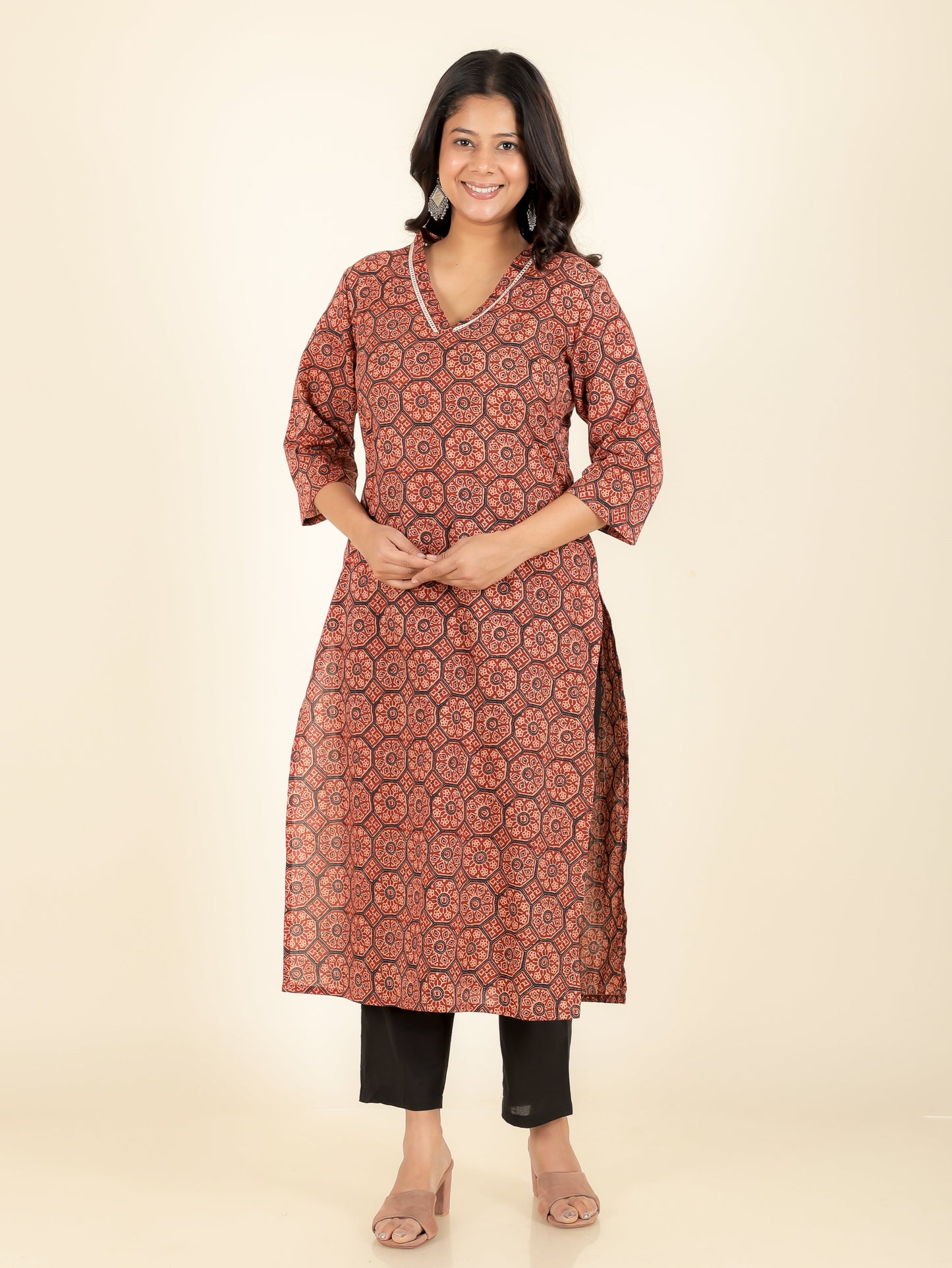 Soft Cotton Geometric Straight Red Kurta