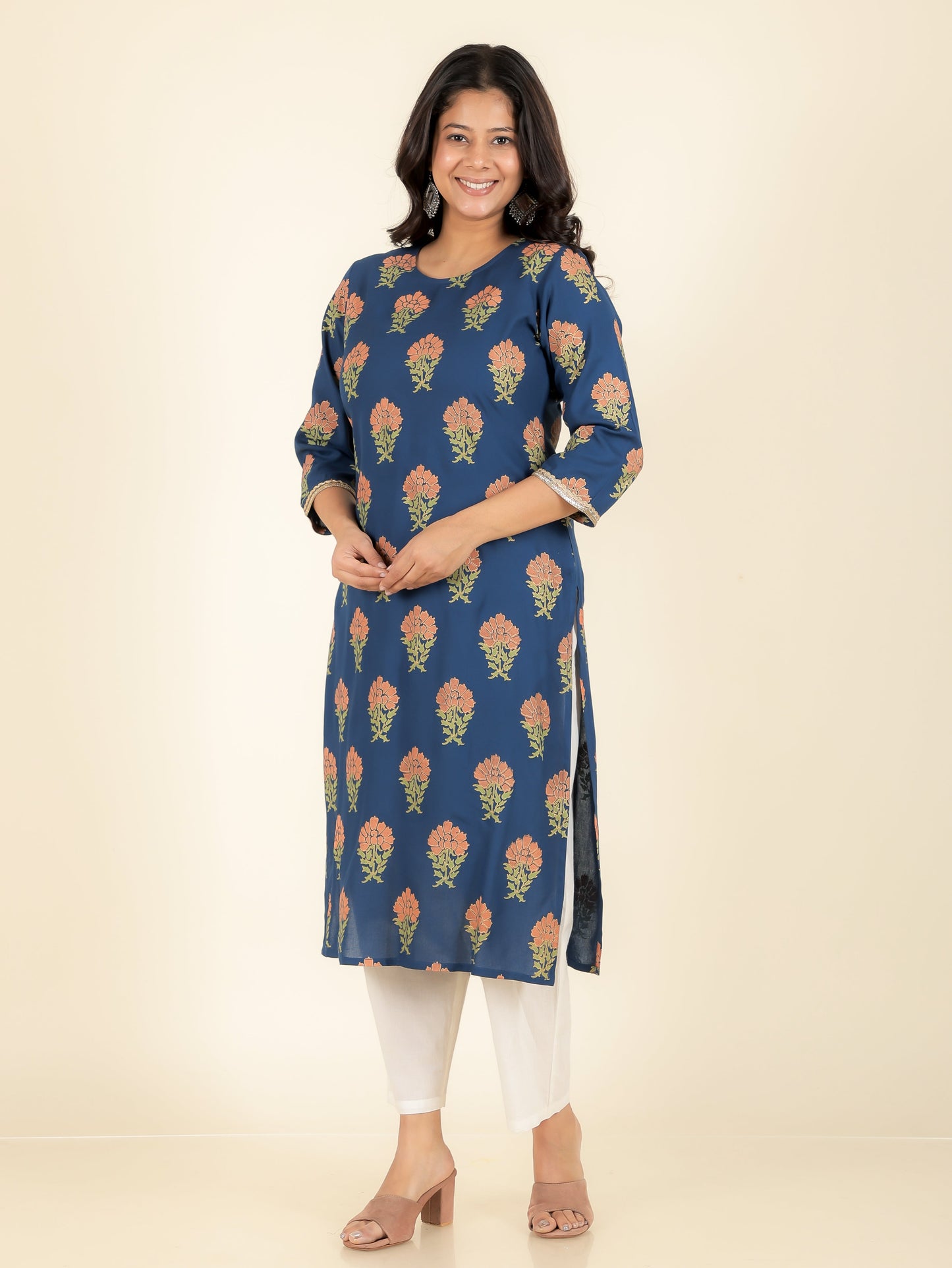 Viscose Floral Straight Blue Kurta