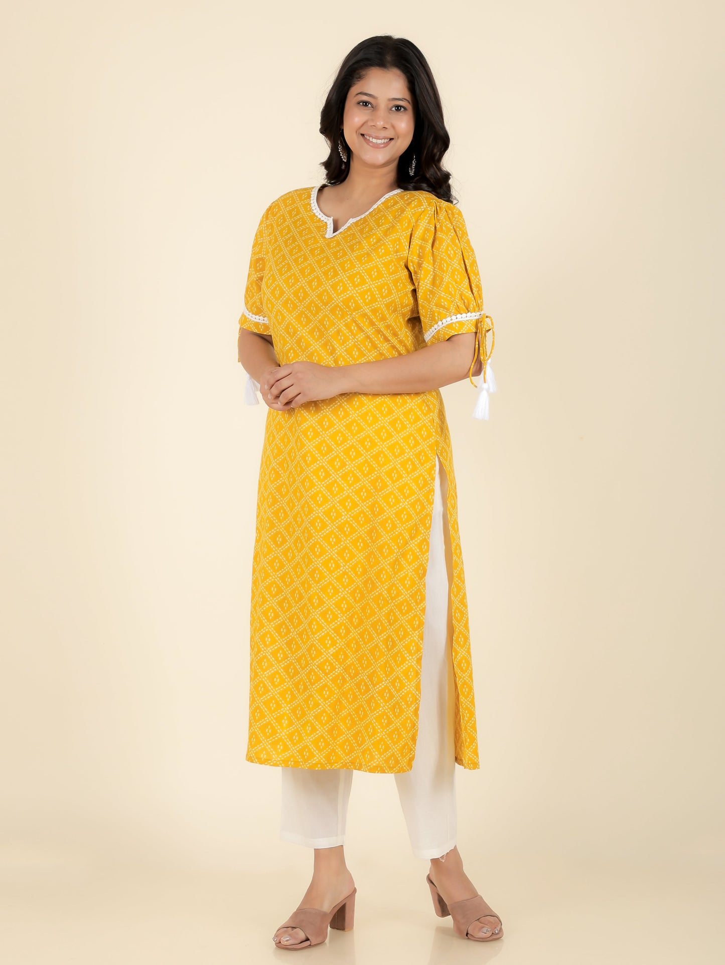 Soft Cotton Geometric Straight Yellow Kurta