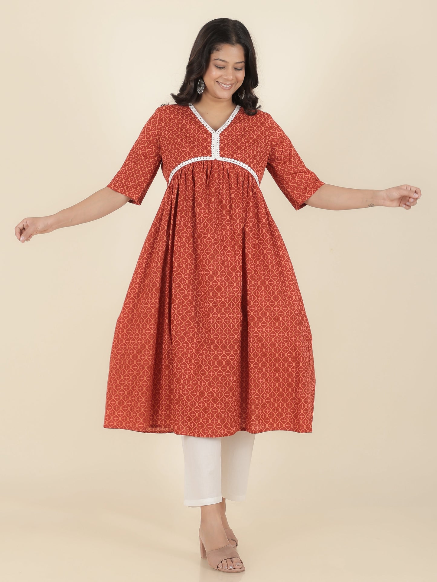 Soft Cotton Geometric Anarkali Red Kurta