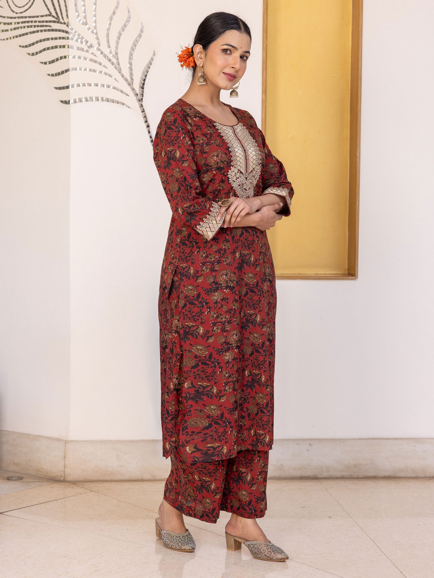 Embroidered Soft Cotton Floral Straight Maroon Kurta