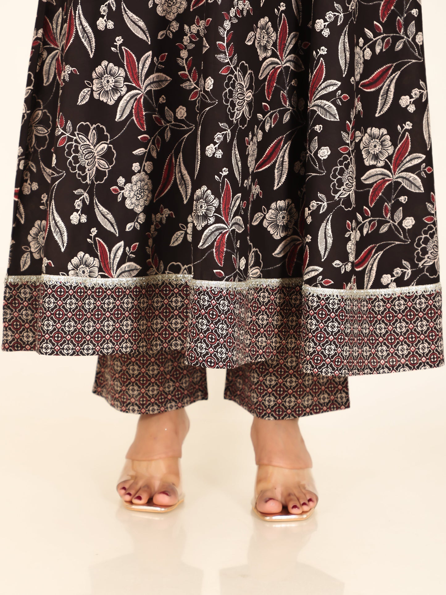 Soft Cotton Floral Anarkali Black Kurta