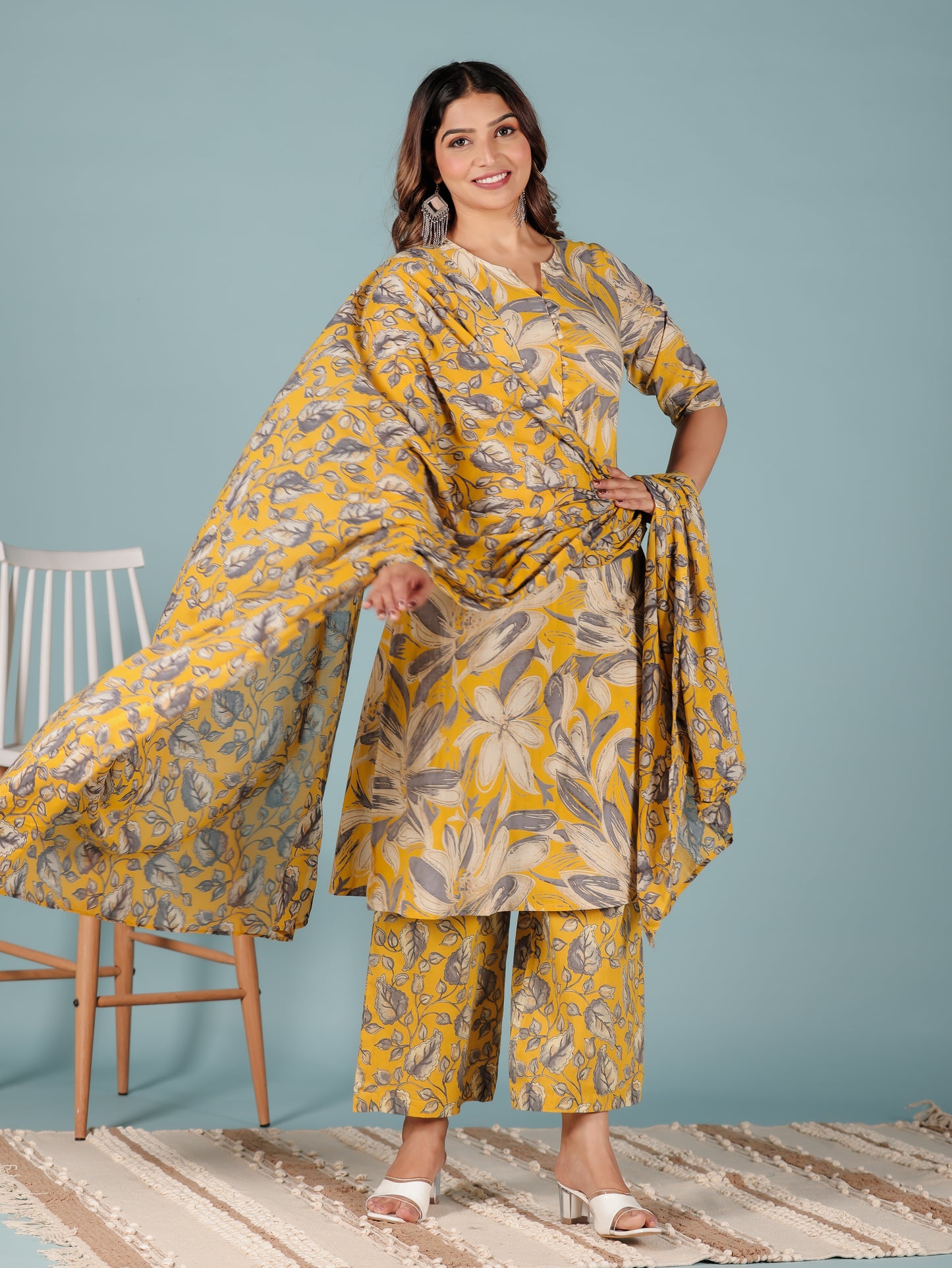 Cotton Voile Floral Yellow Dupatta