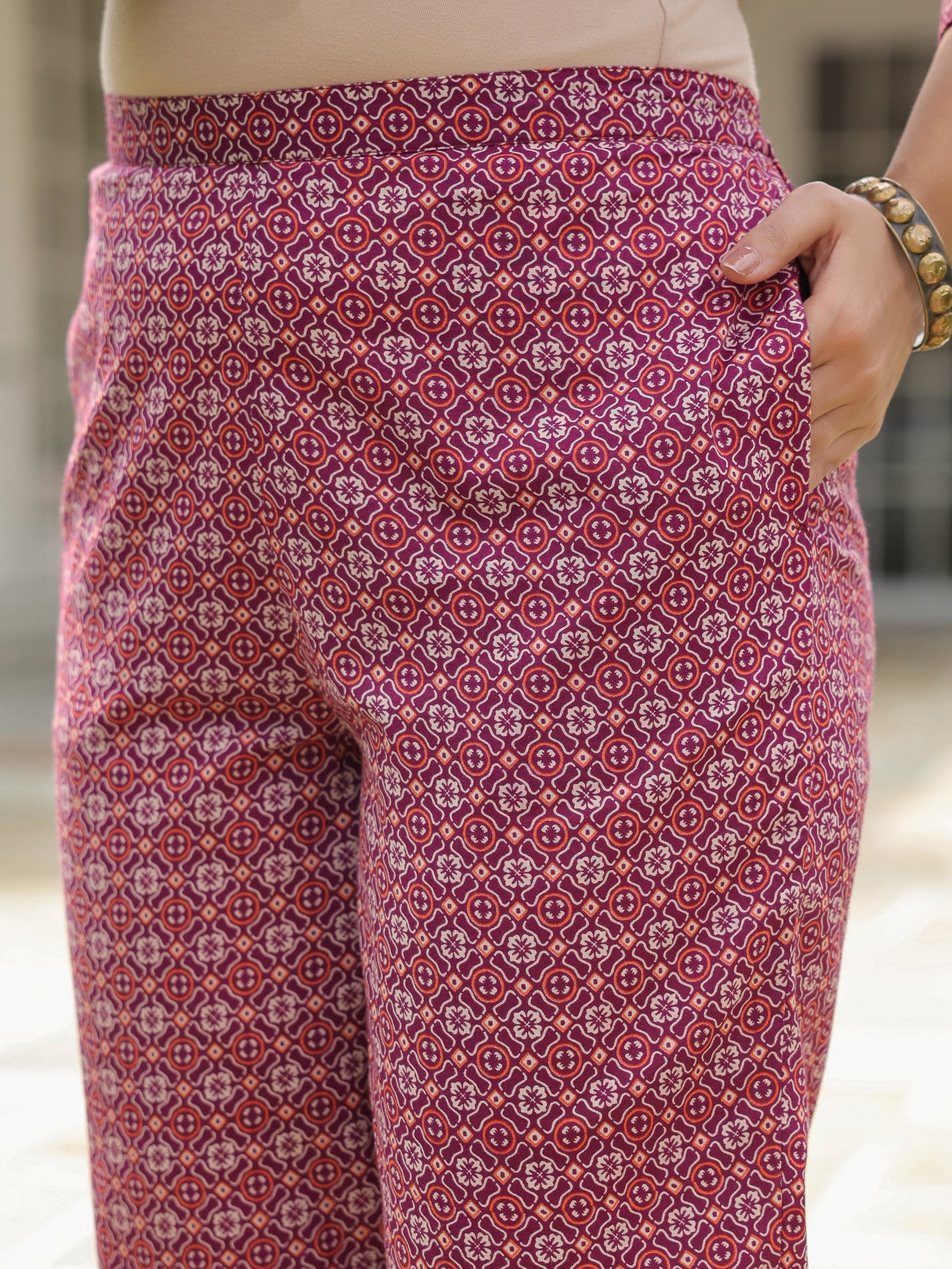 Soft Cotton Geometric Pink Tapered Trousers