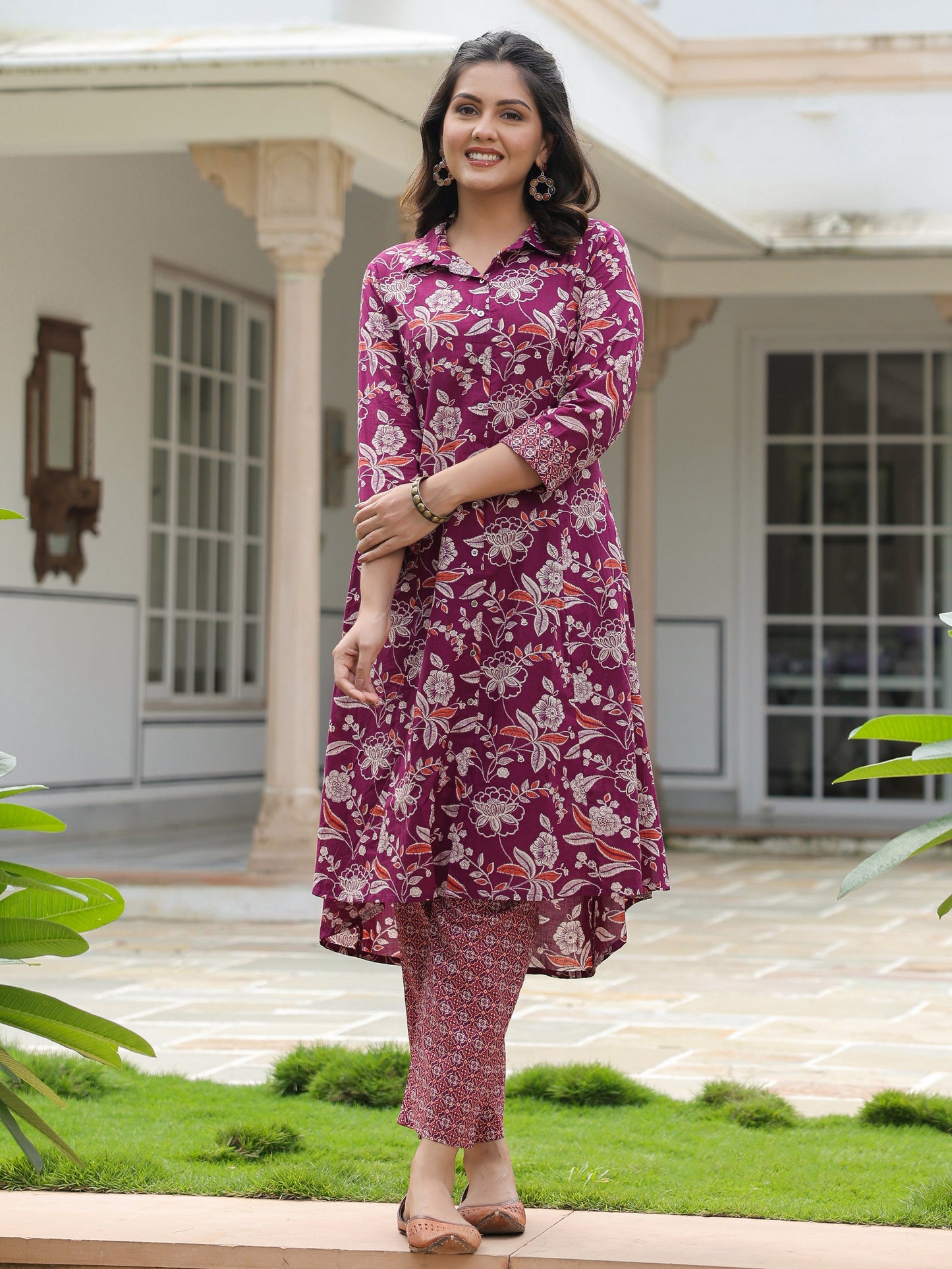 Soft Cotton Floral High Low Purple Kurta