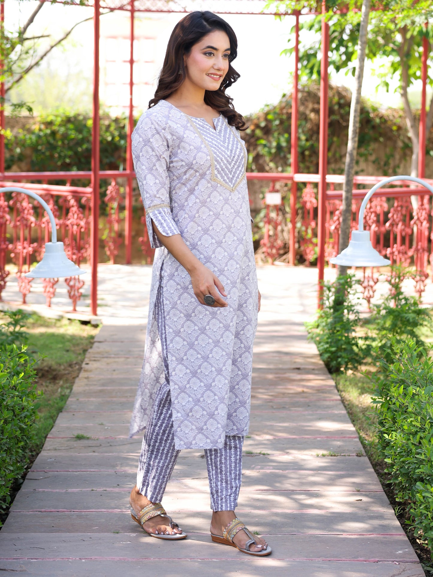 Embroidered Soft Cotton Hand Block Straight Grey Kurta