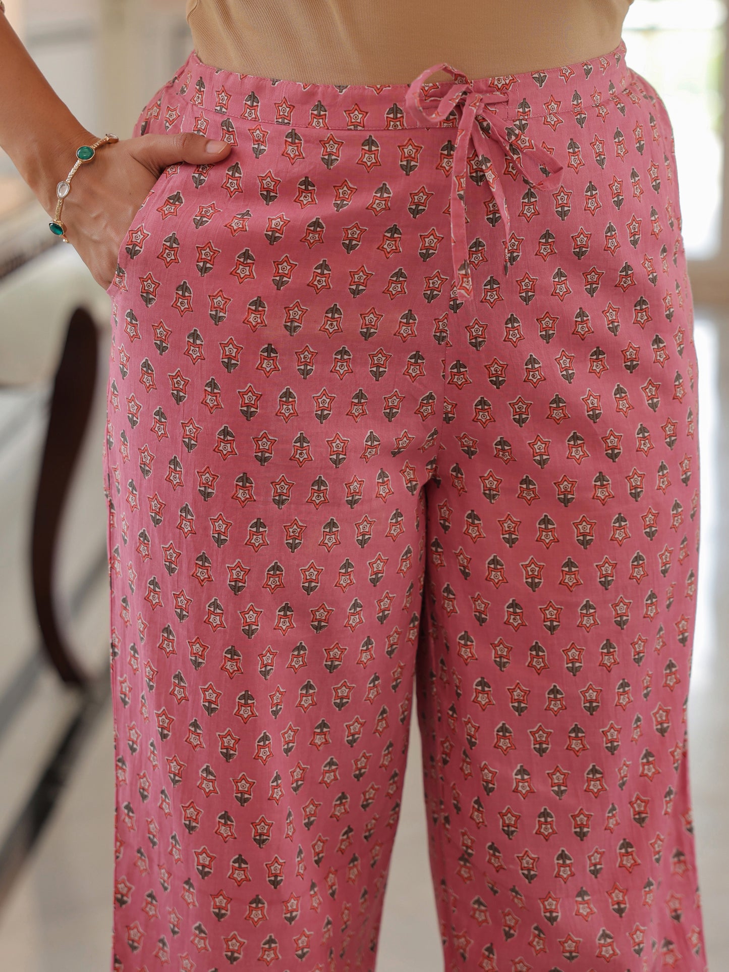 Soft Cotton Floral Pink Straight Trousers