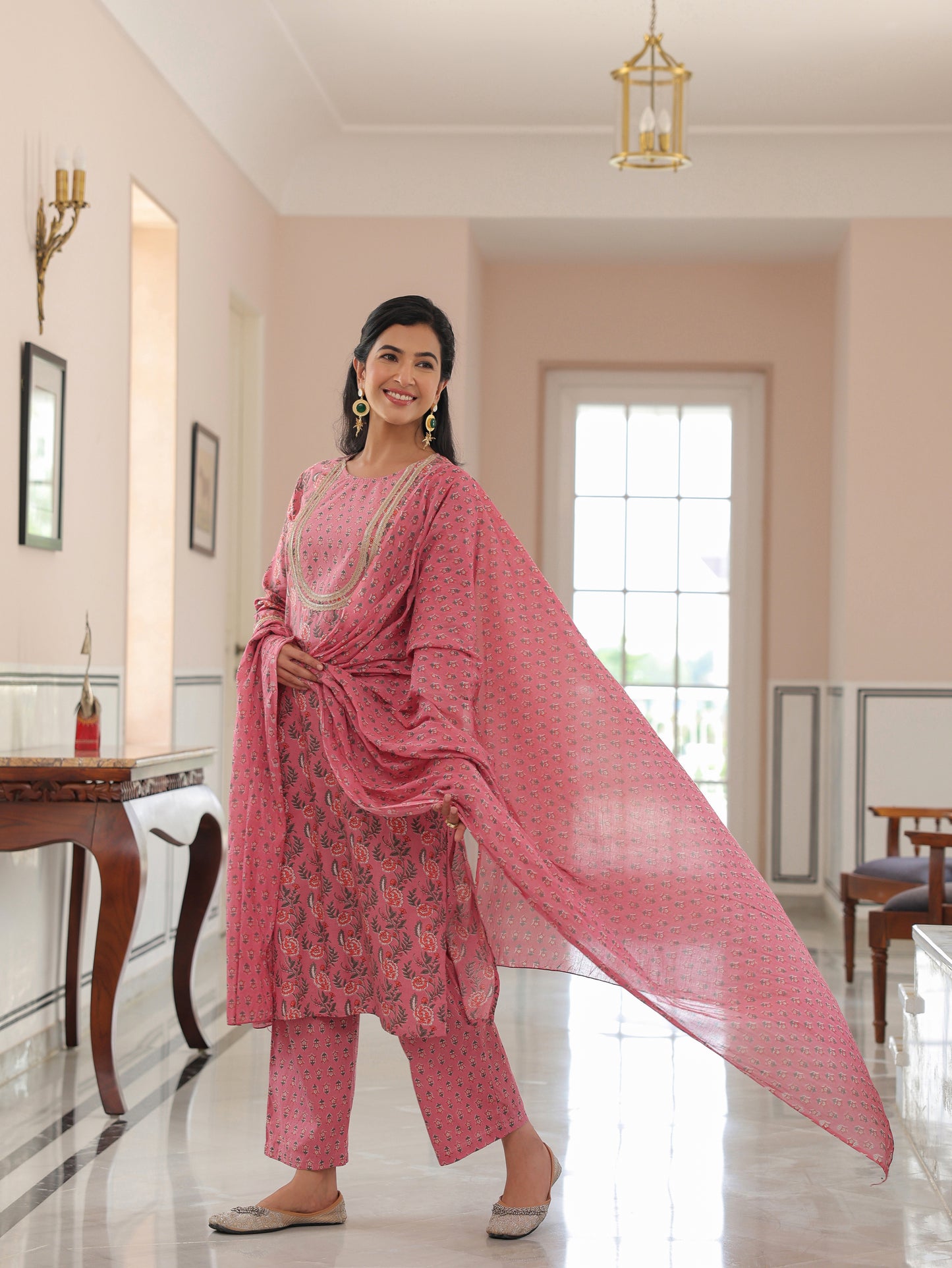 Voile Cotton Floral Pink Dupatta