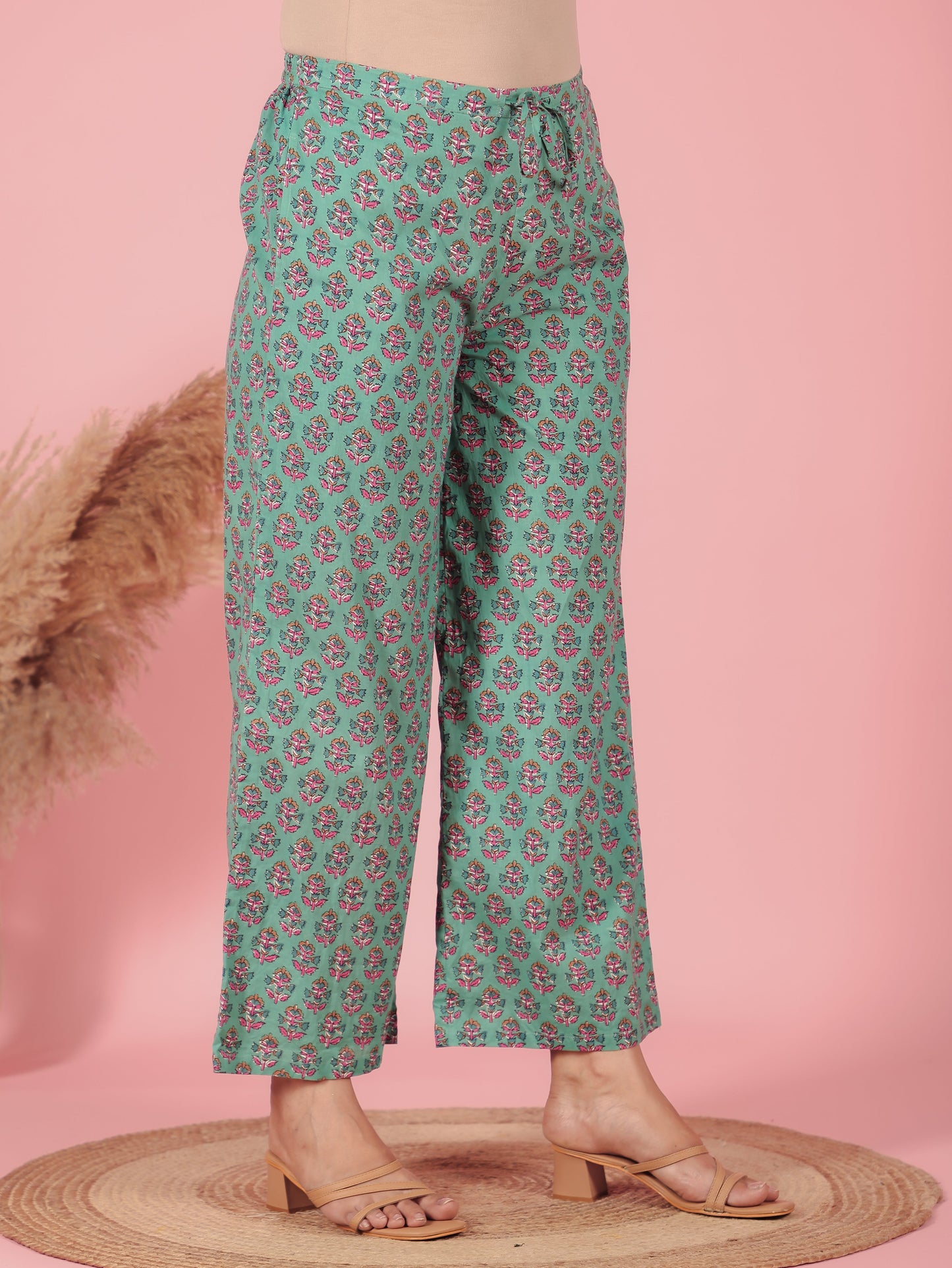 Soft Cotton Floral Green Flared Trousers
