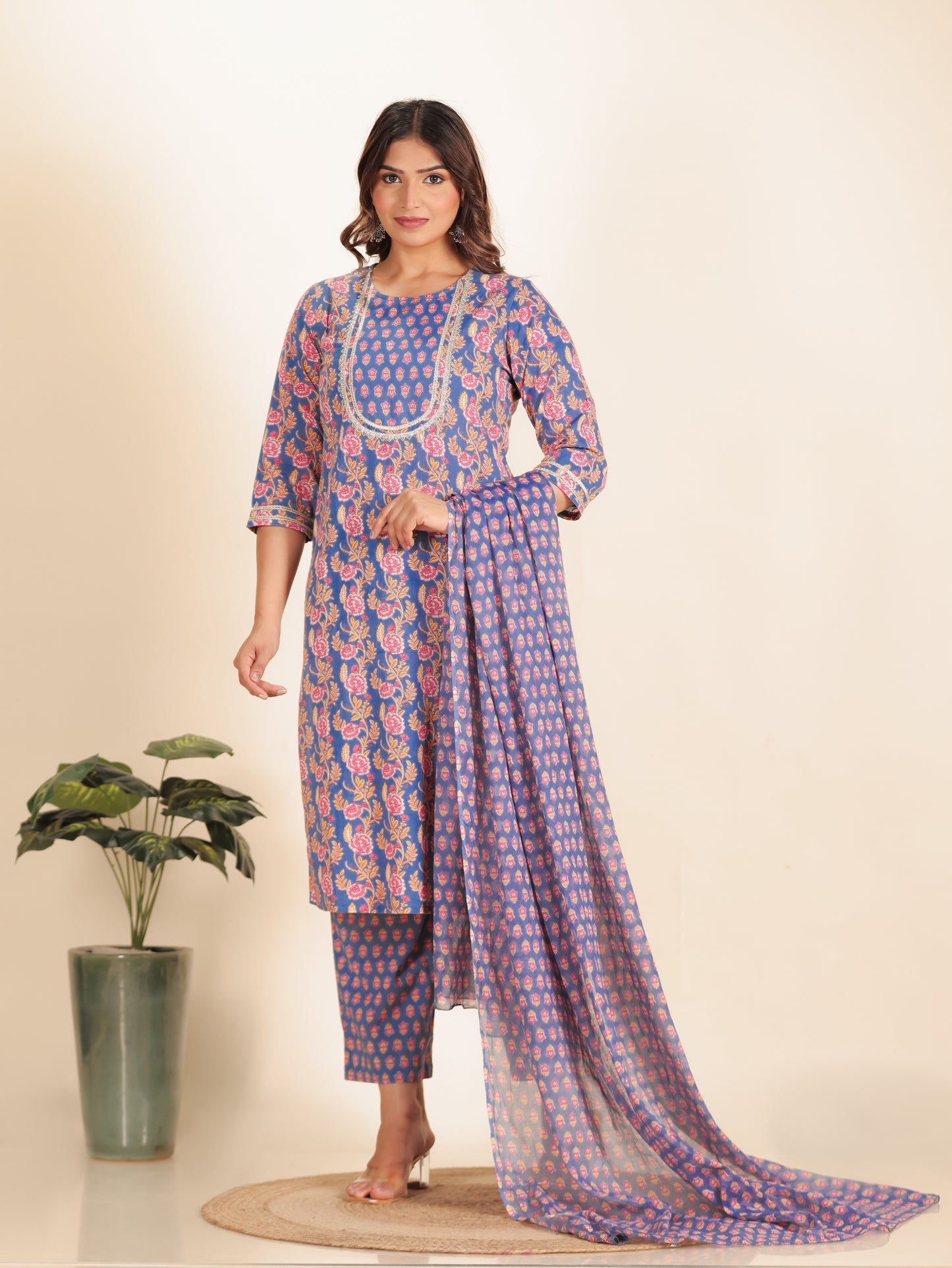 Cotton Voile Floral Blue Dupatta