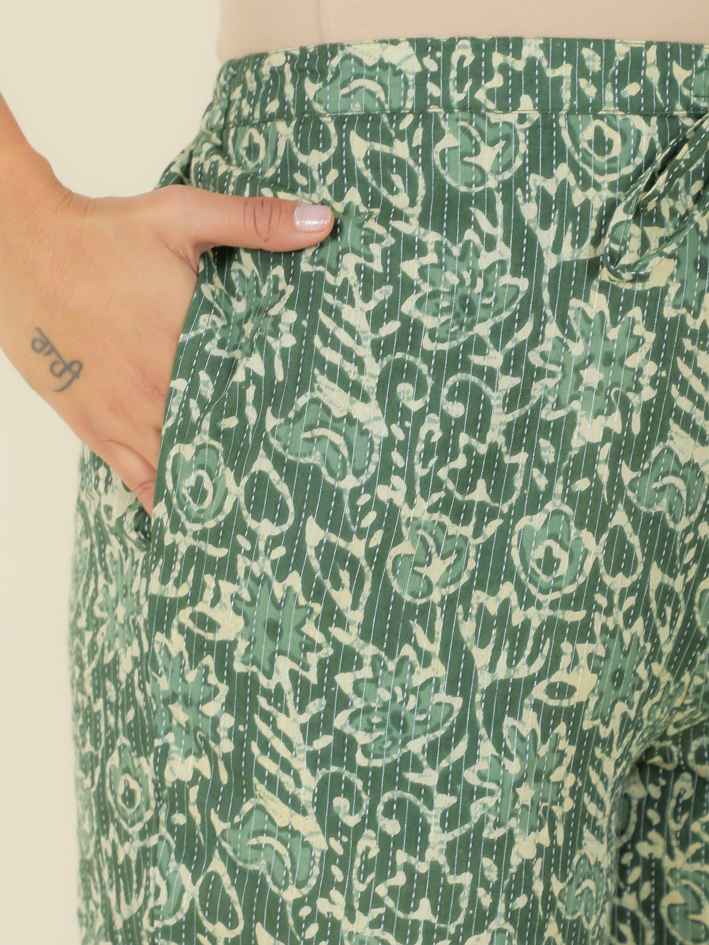 Kantha Cotton Floral Green Tapered Trousers