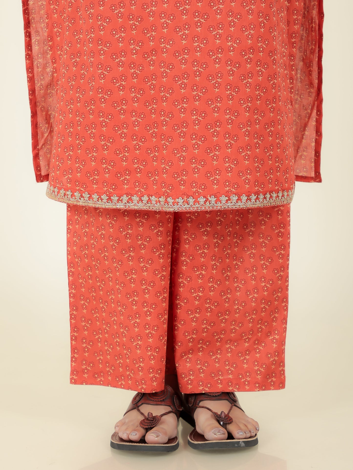 Blend Cotton Floral Straight Red Kurta