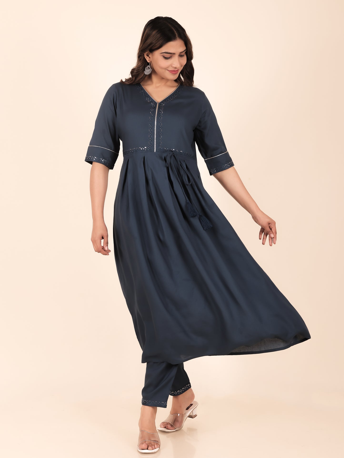 Viscose Solid A-line Blue Kurta