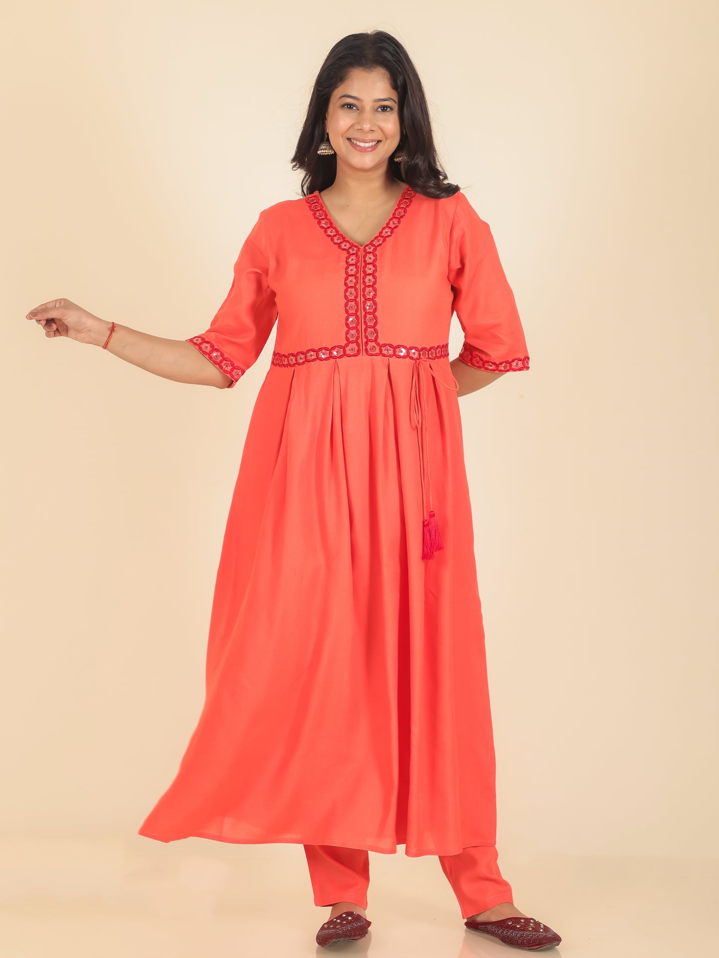 Viscose Solid A-line Orange Kurta