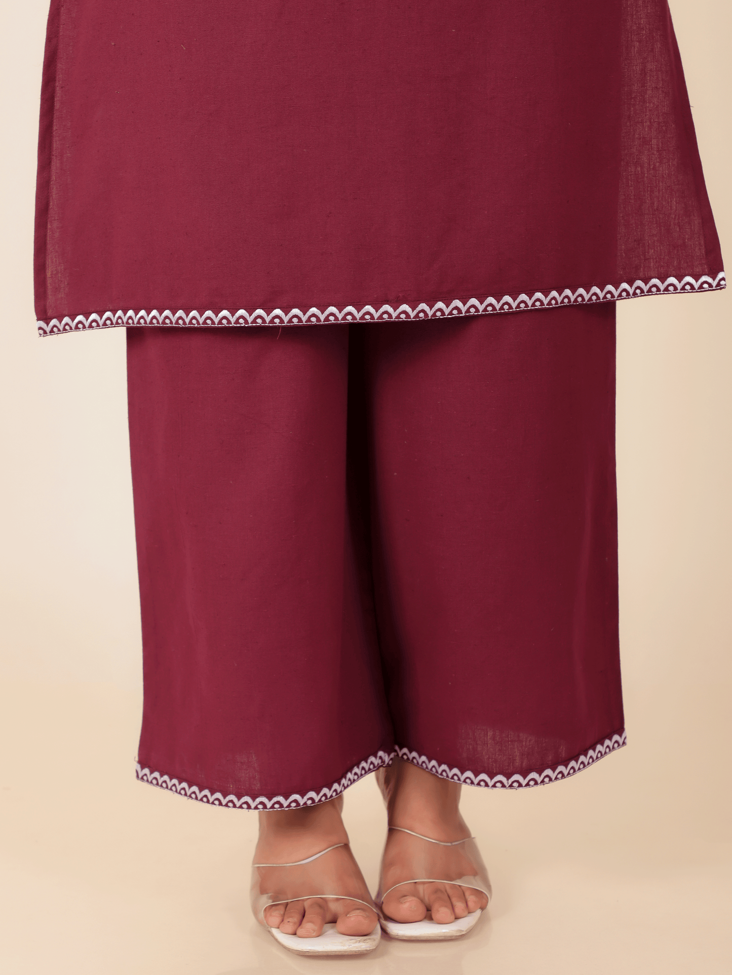 Embroidered Linen Cotton Solid Straight Maroon Kurta