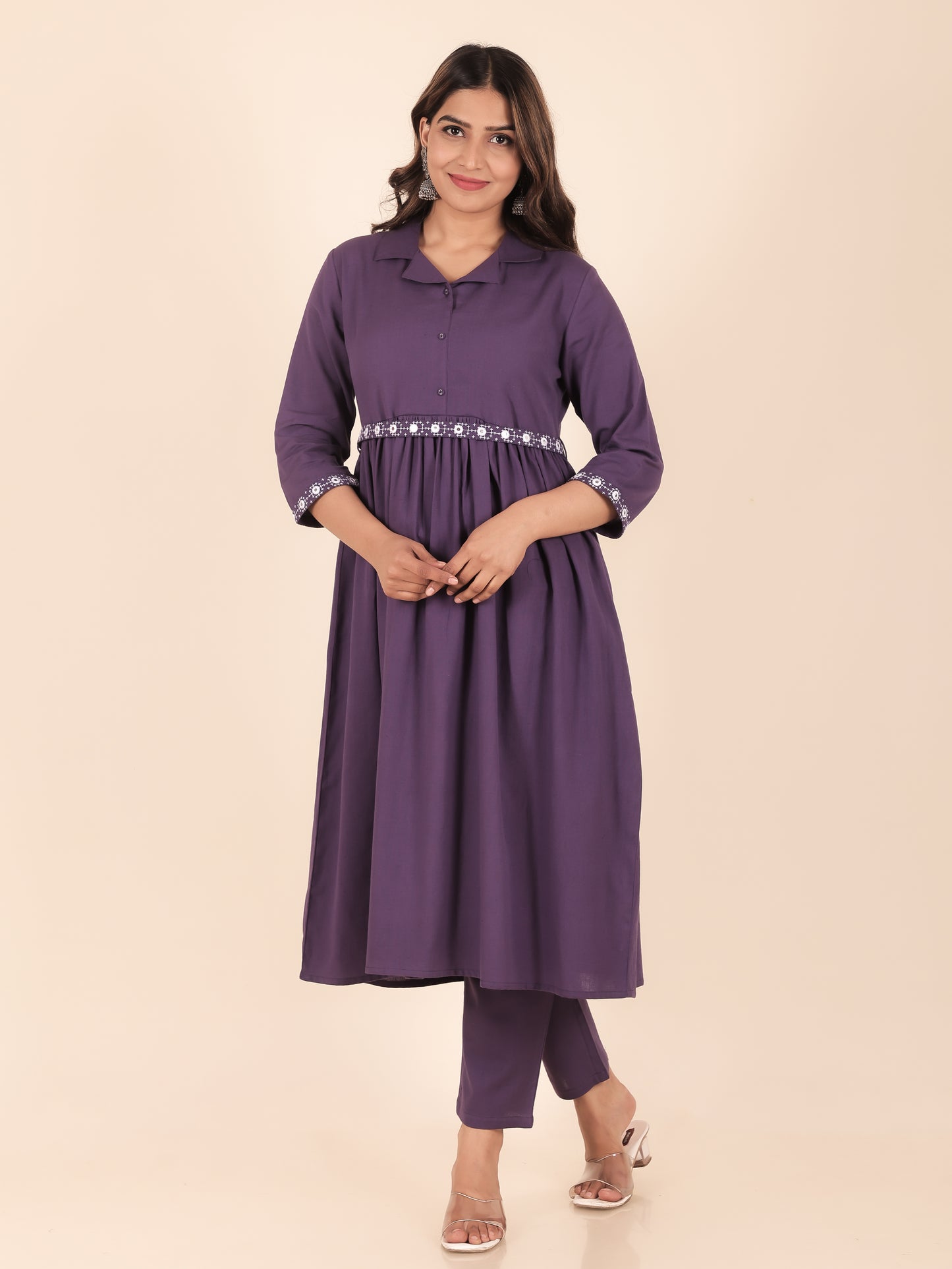 Linen Cotton Solid A-line Purple Kurta