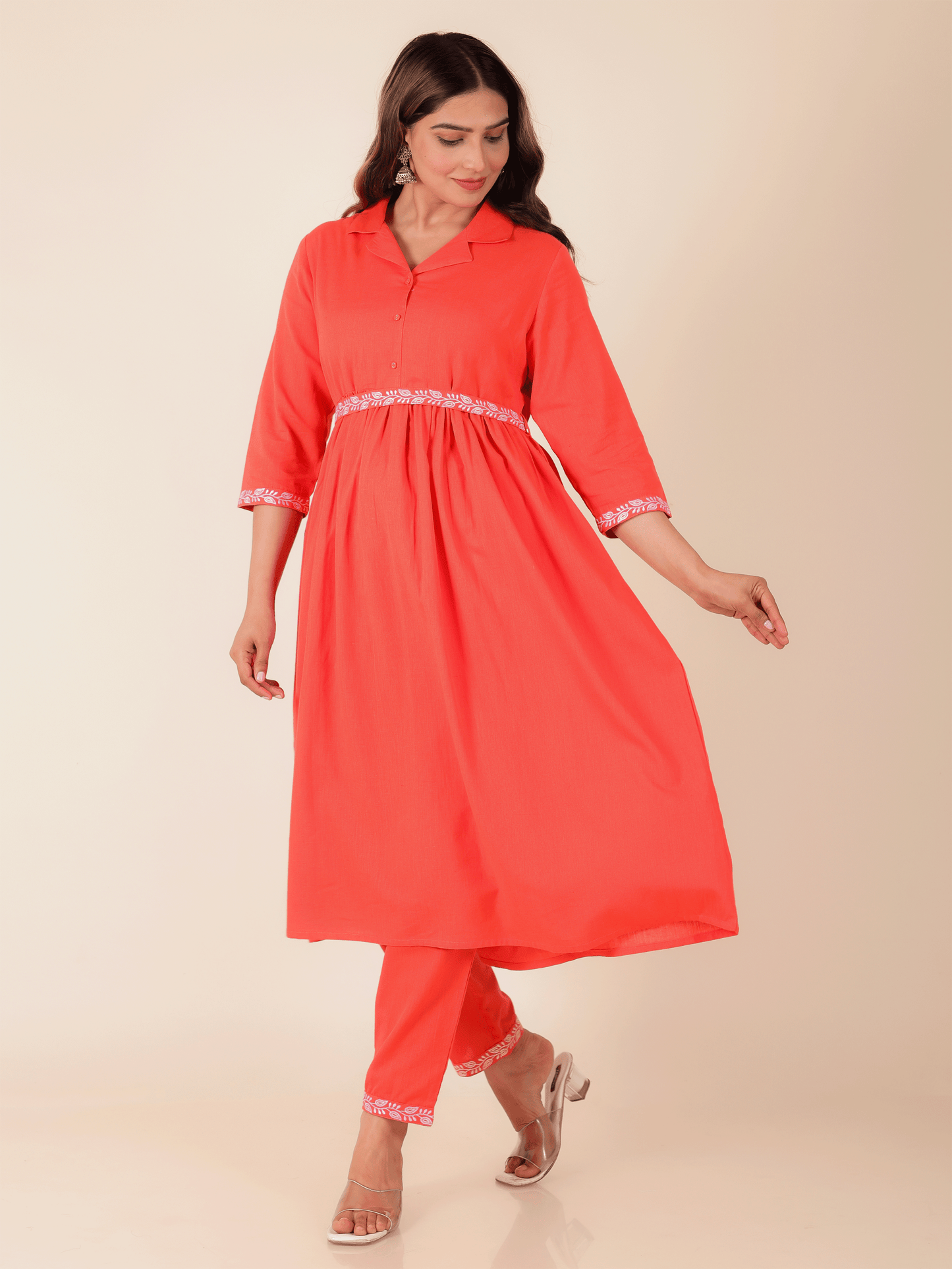 Linen Cotton Solid A-line Orange Kurta