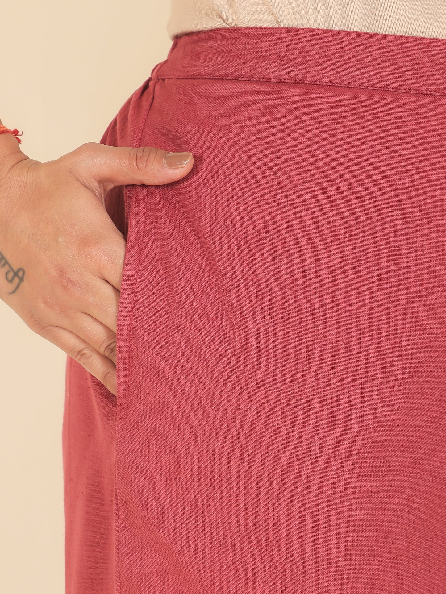 Linen Cotton Solid Pink Tapered Trousers