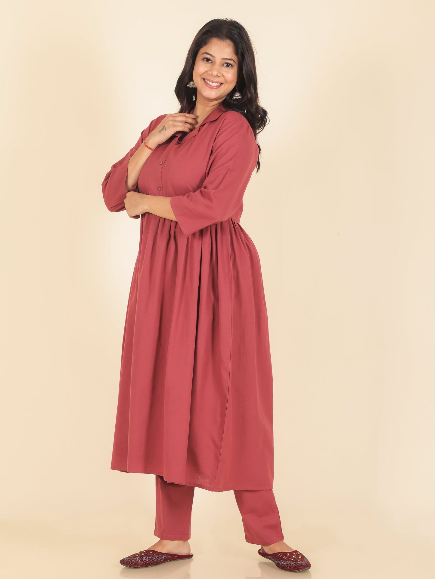 Linen Cotton Solid A-line Pink Kurta