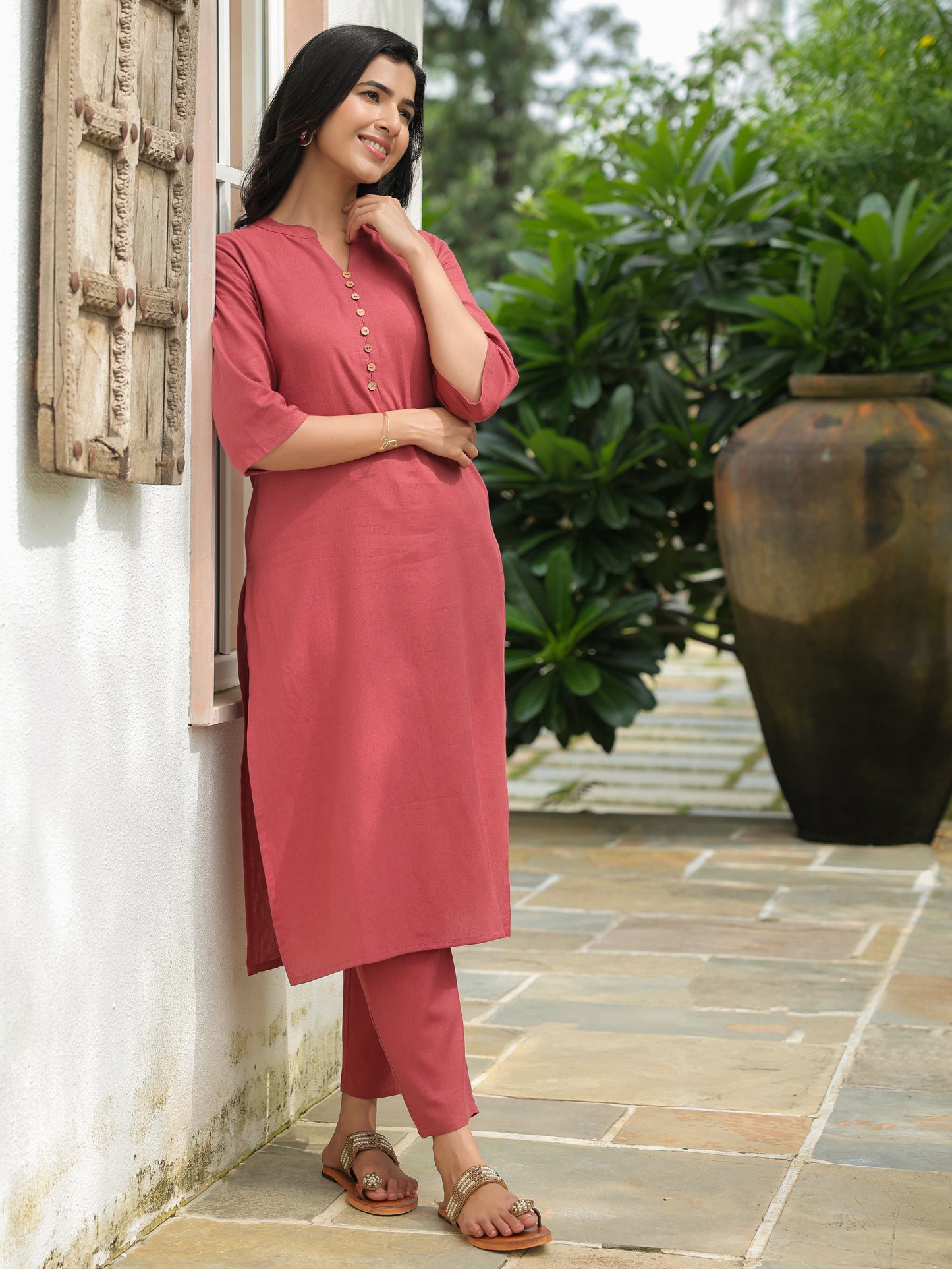 Linen Cotton Solid Straight Rust Pink Kurta