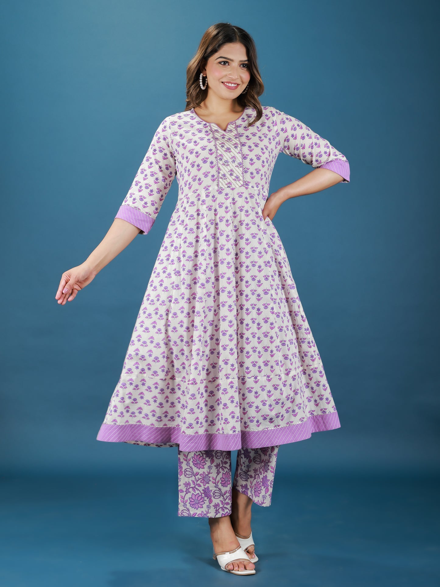 Soft Cotton Floral Anarkali White Kurta