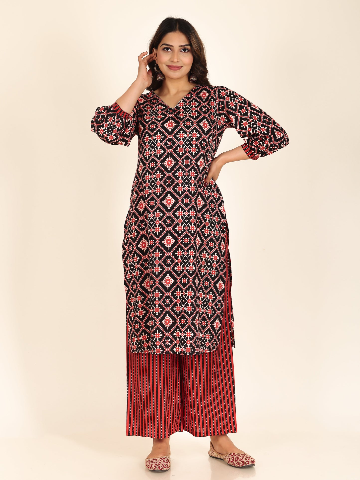 Soft Cotton Ikat Straight Black Kurta