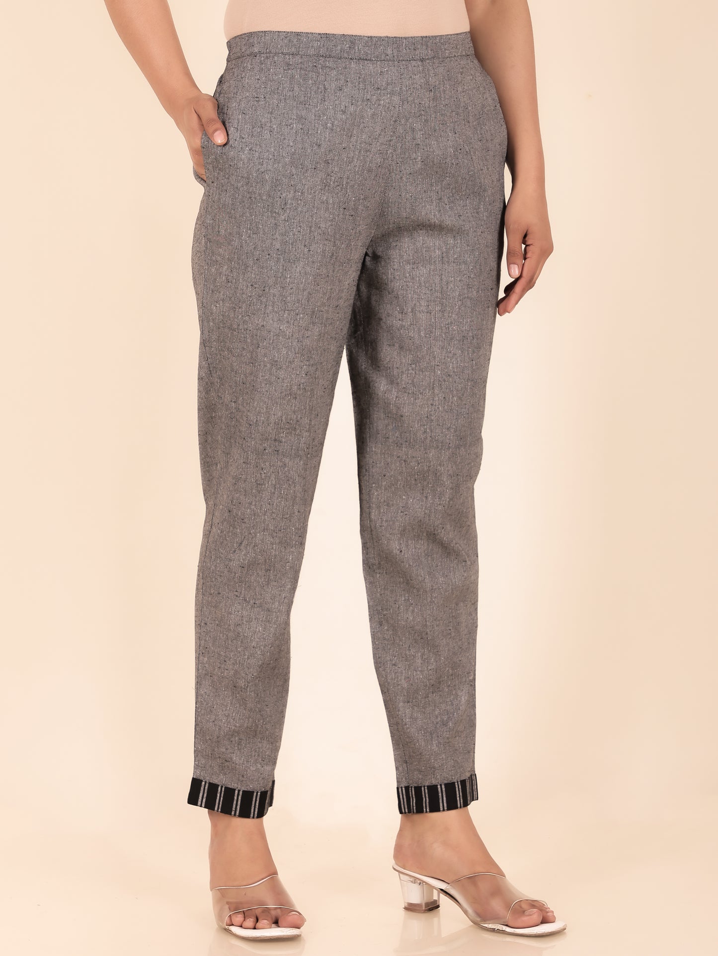 Blend Cotton Solid Grey Tapered Trousers