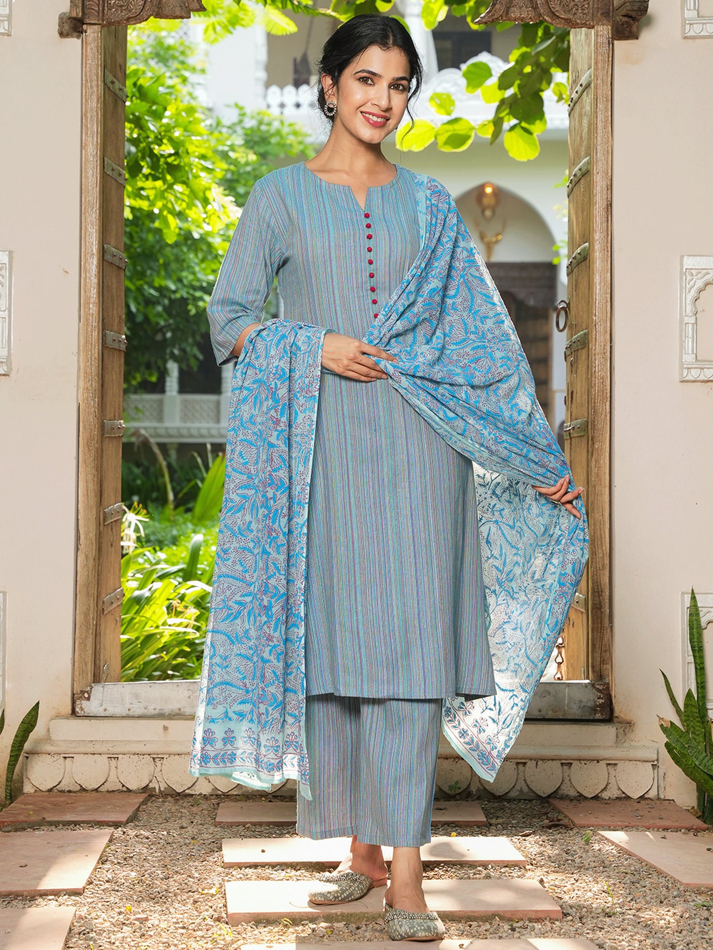 Voile Cotton Floral Blue Dupatta