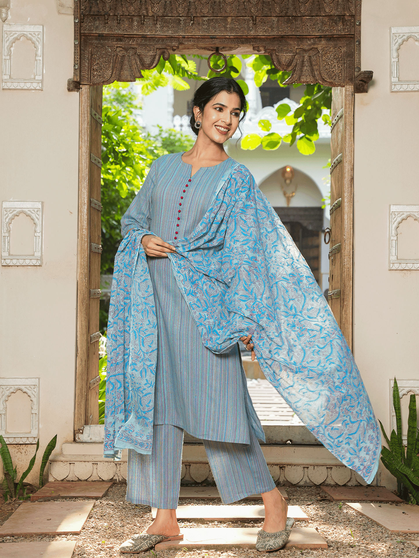 Blend Cotton Woven Design A-line Blue Kurta