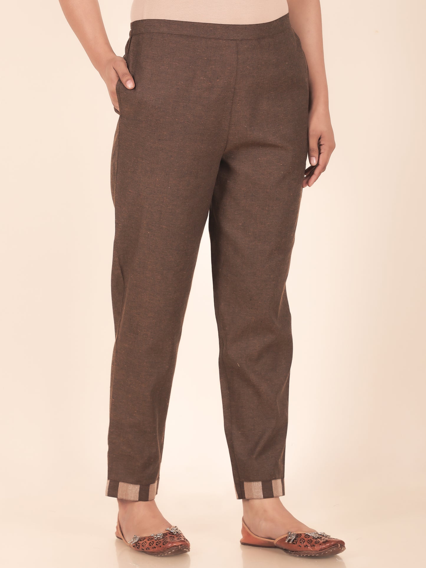 Blend Cotton Woven Design Brown Tapered Trousers