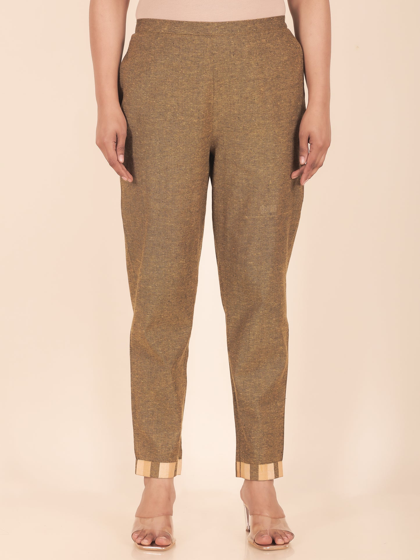 Blend Cotton Woven Design Brown Tapered Trousers