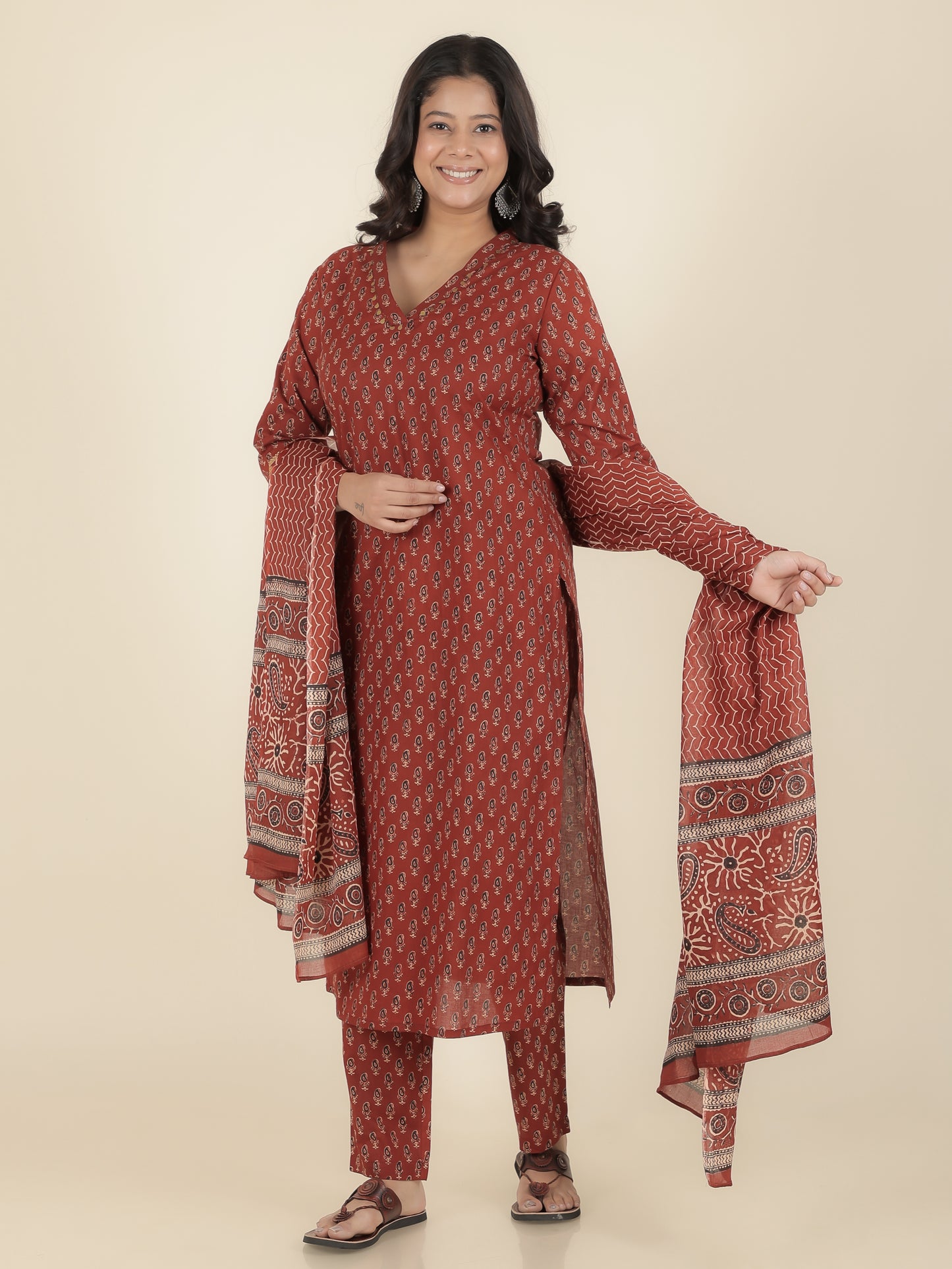 Cotton Voile Ajrakh Rust Dupatta