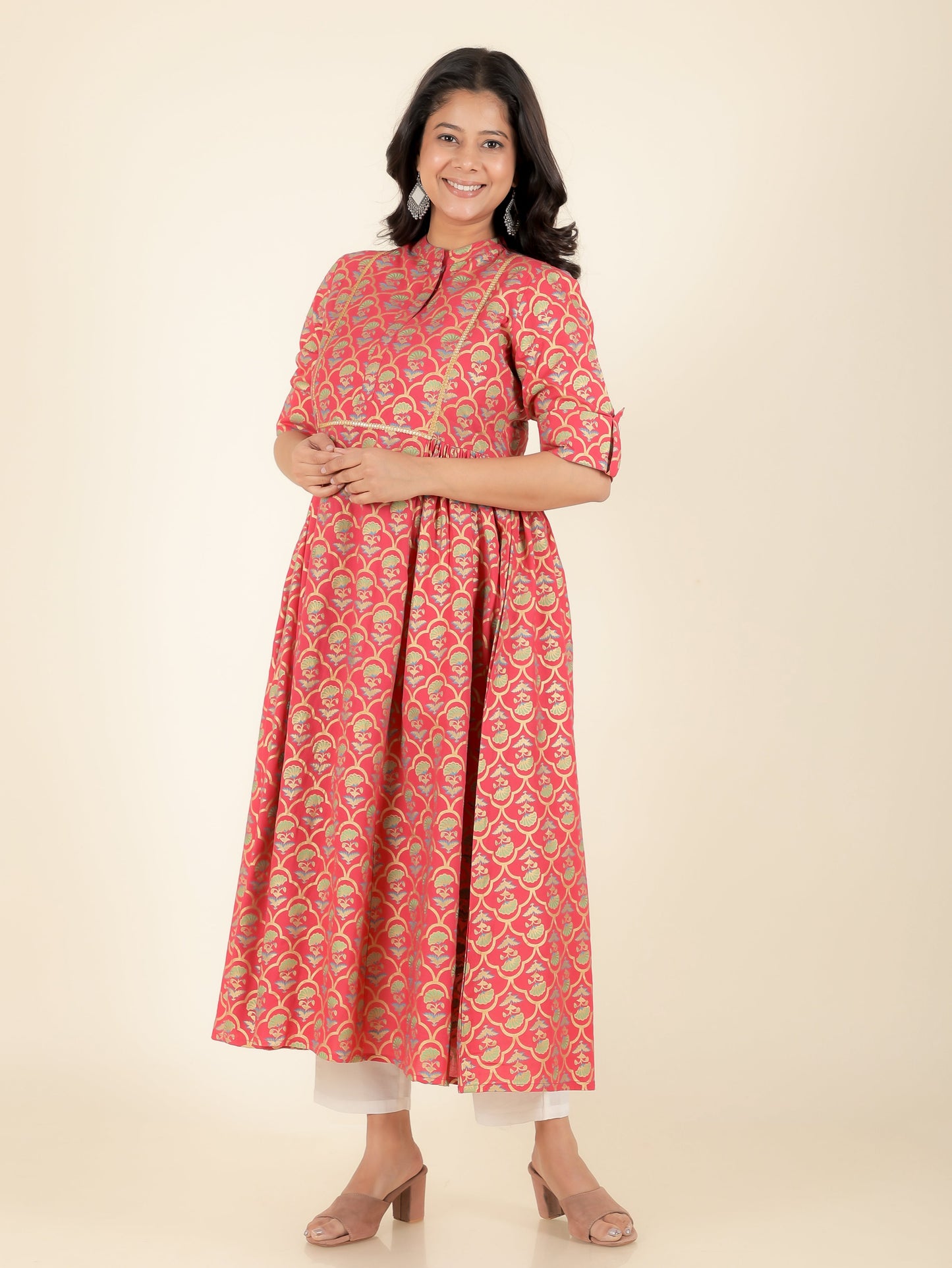 Viscose Floral Panelled Pink Kurta