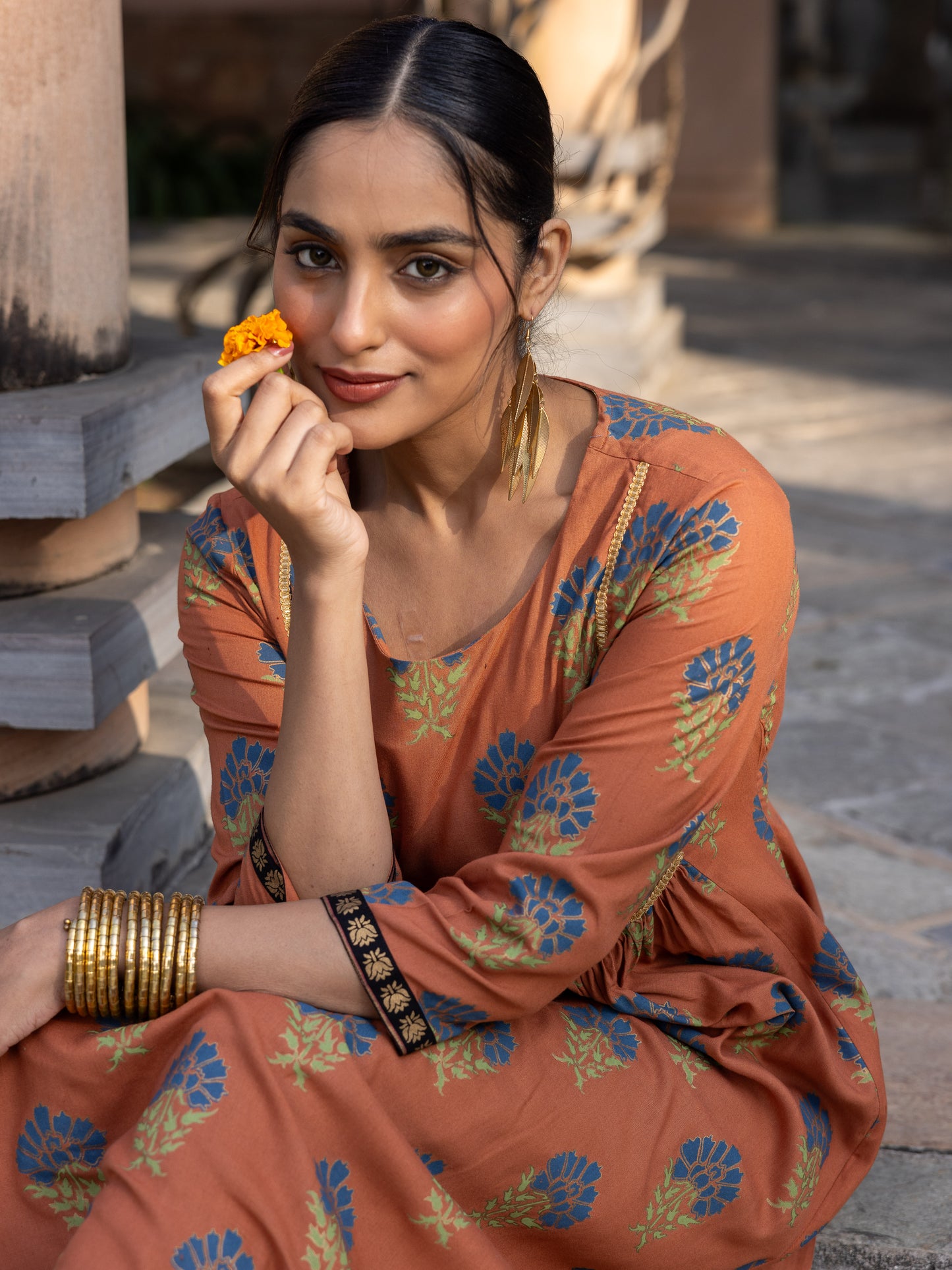 Viscose Butti A-line Rust Orange Kurta