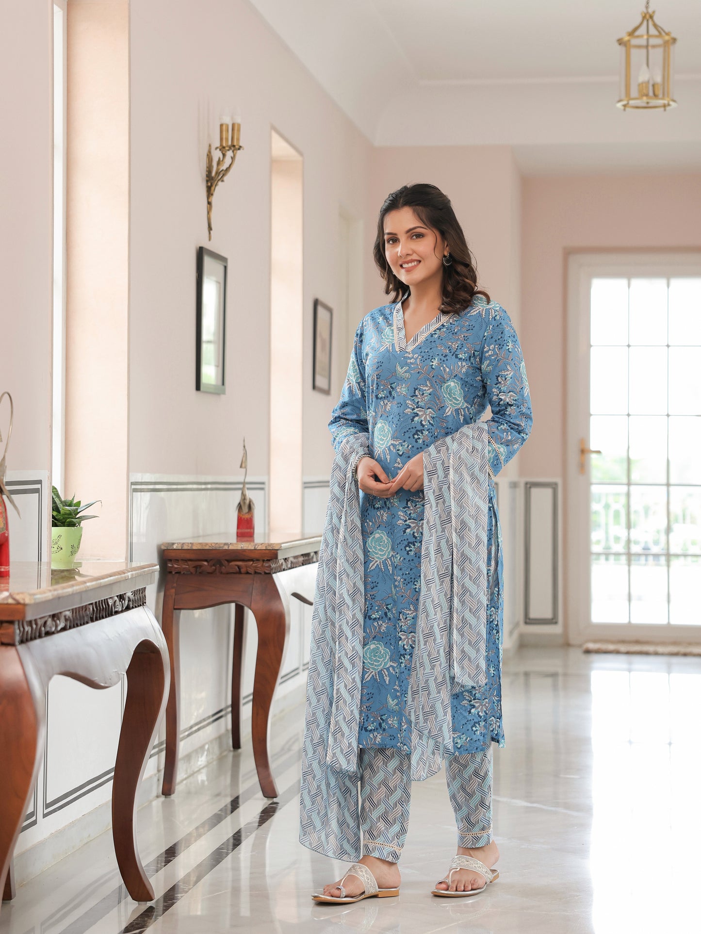 Voile Cotton Geometric Blue Dupatta