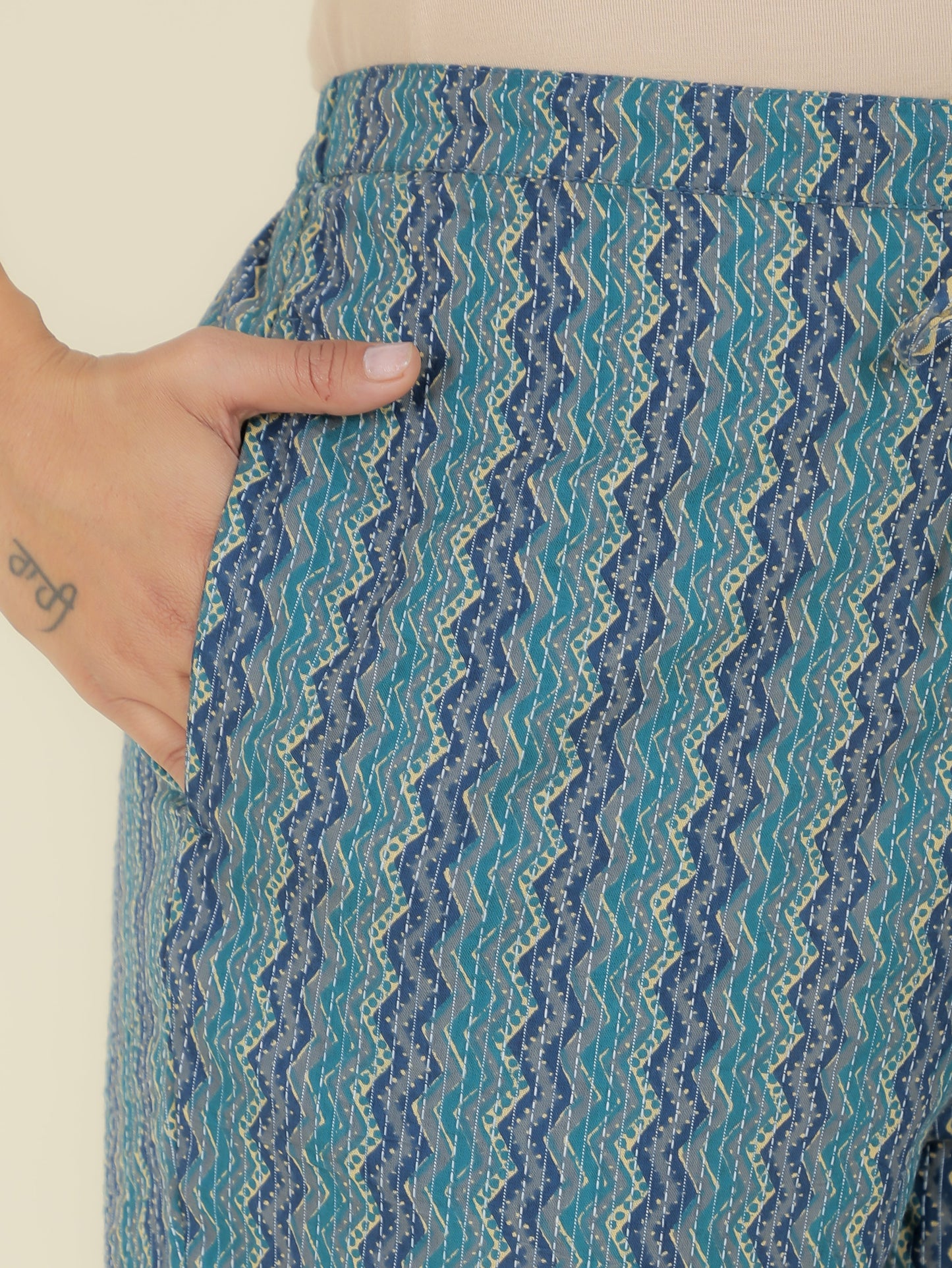 Kantha Cotton Chevron Green Tapered Trousers