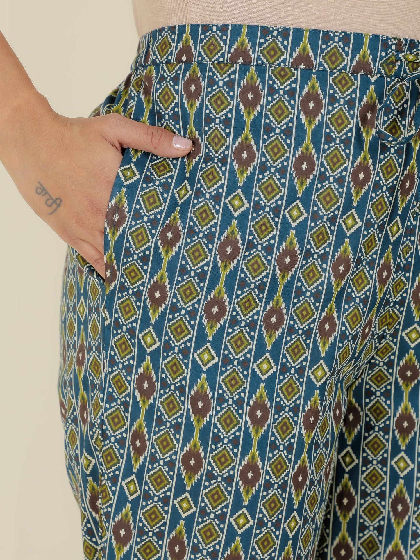 Soft Cotton Geometric Green Tapered Trousers