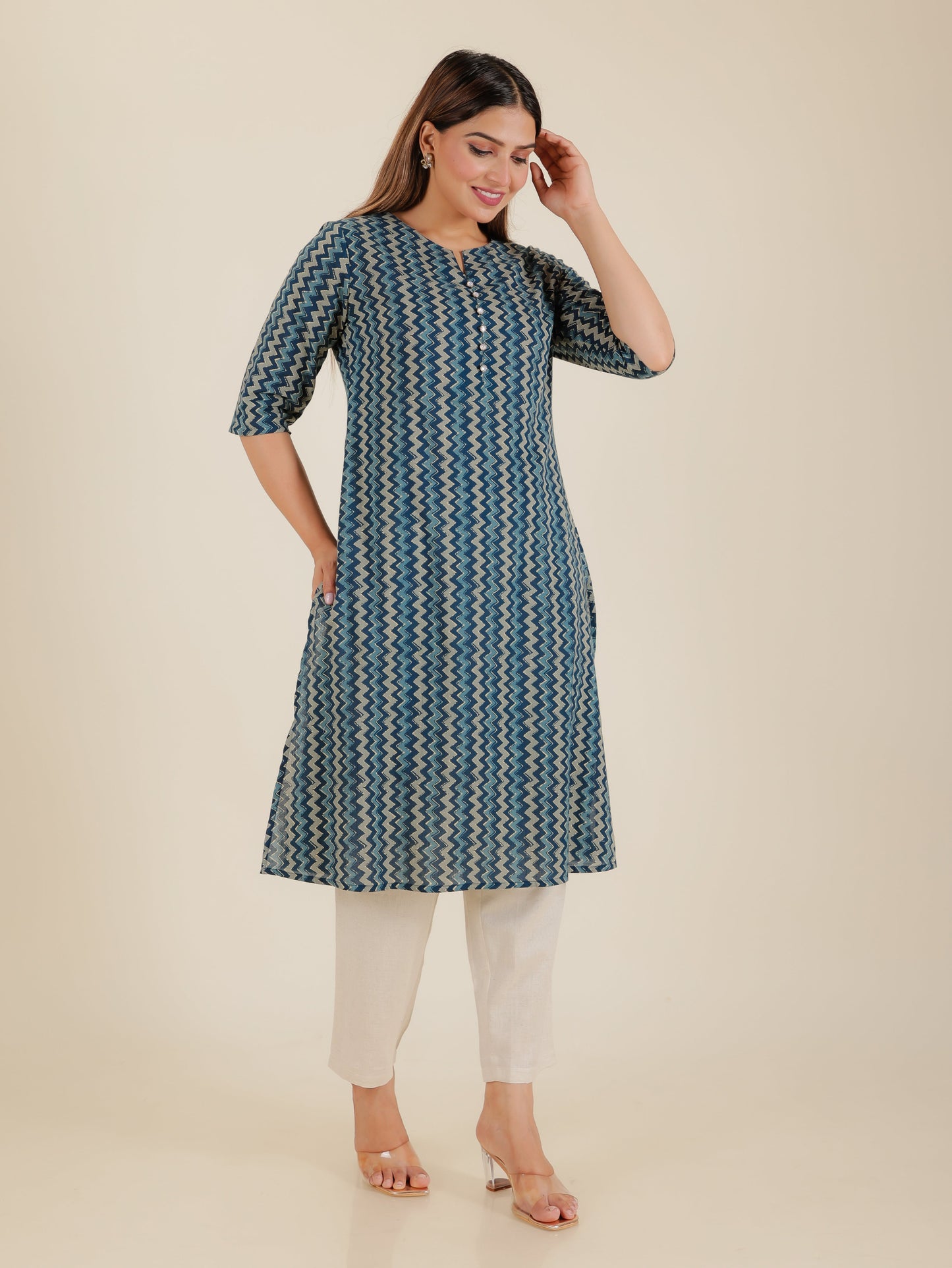 Soft Cotton Chevron A-line Blue Kurta